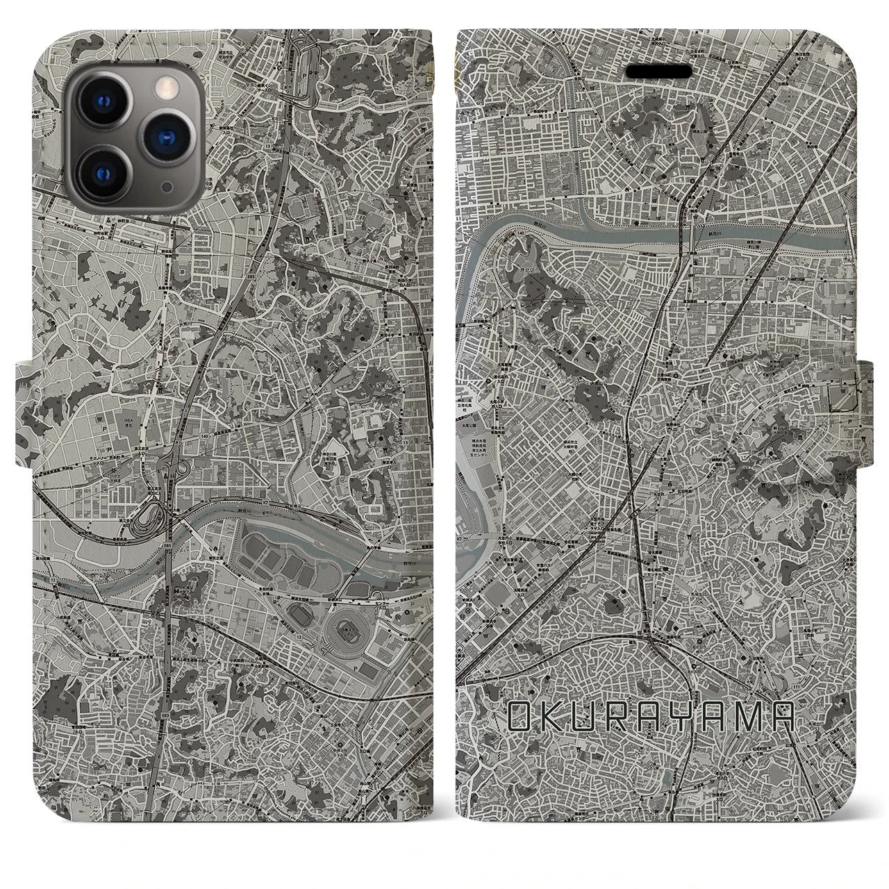 【大倉山(神奈川県)】地図柄iPhoneケース(手帳タイプ)モノトーン・iPhone 11 Pro Max 用