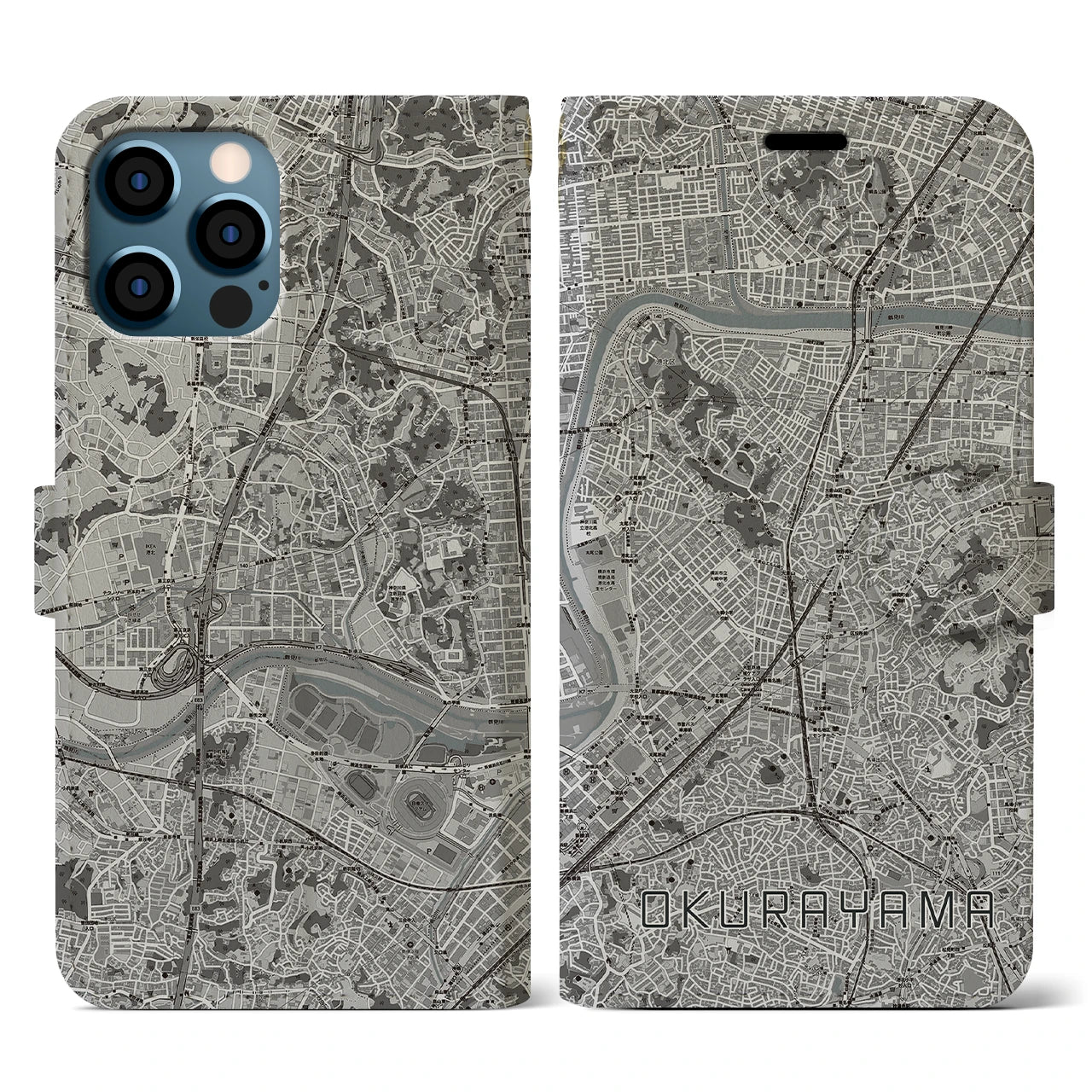 【大倉山(神奈川県)】地図柄iPhoneケース(手帳タイプ)モノトーン・iPhone 12 / 12 Pro 用