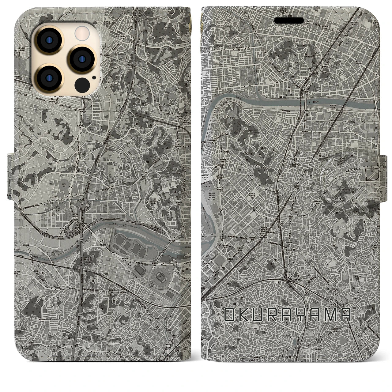 【大倉山(神奈川県)】地図柄iPhoneケース(手帳タイプ)モノトーン・iPhone 12 Pro Max 用