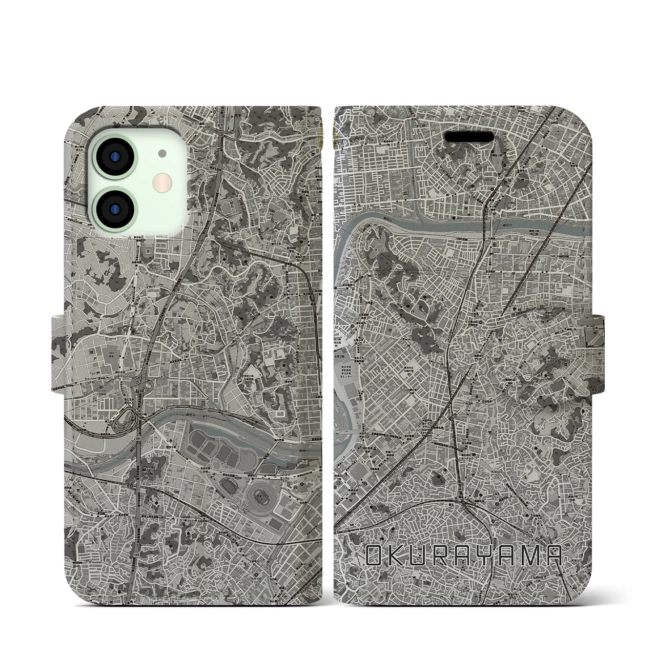 【大倉山(神奈川県)】地図柄iPhoneケース(手帳タイプ)モノトーン・iPhone 12 mini 用