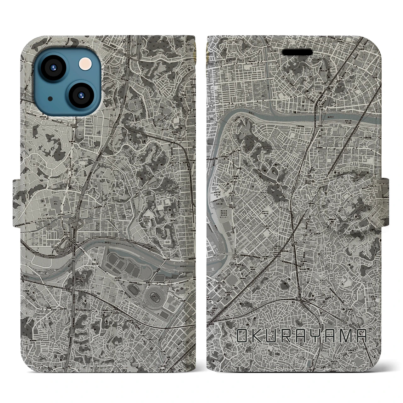 【大倉山(神奈川県)】地図柄iPhoneケース(手帳タイプ)モノトーン・iPhone 13 用