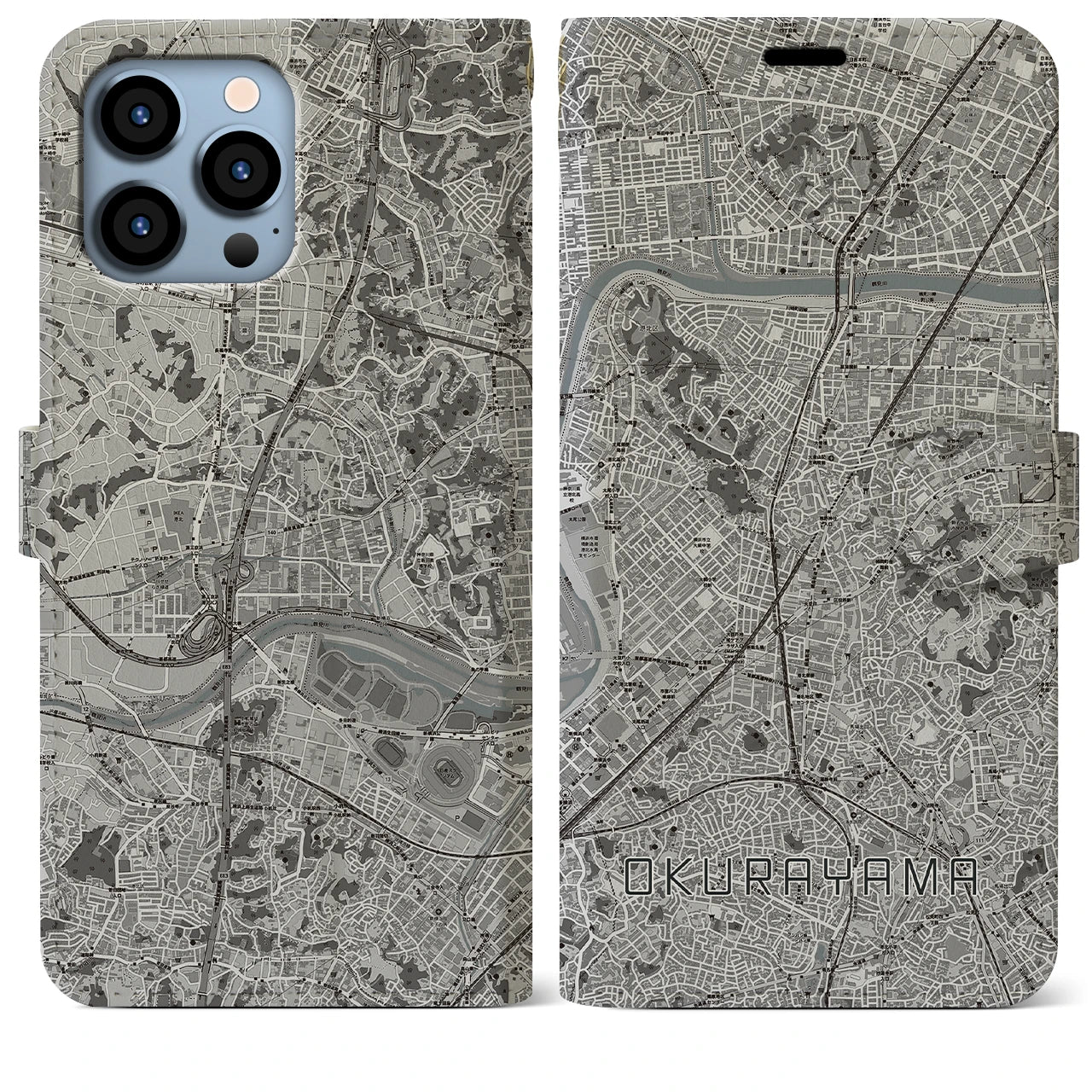 【大倉山(神奈川県)】地図柄iPhoneケース(手帳タイプ)モノトーン・iPhone 13 Pro Max 用