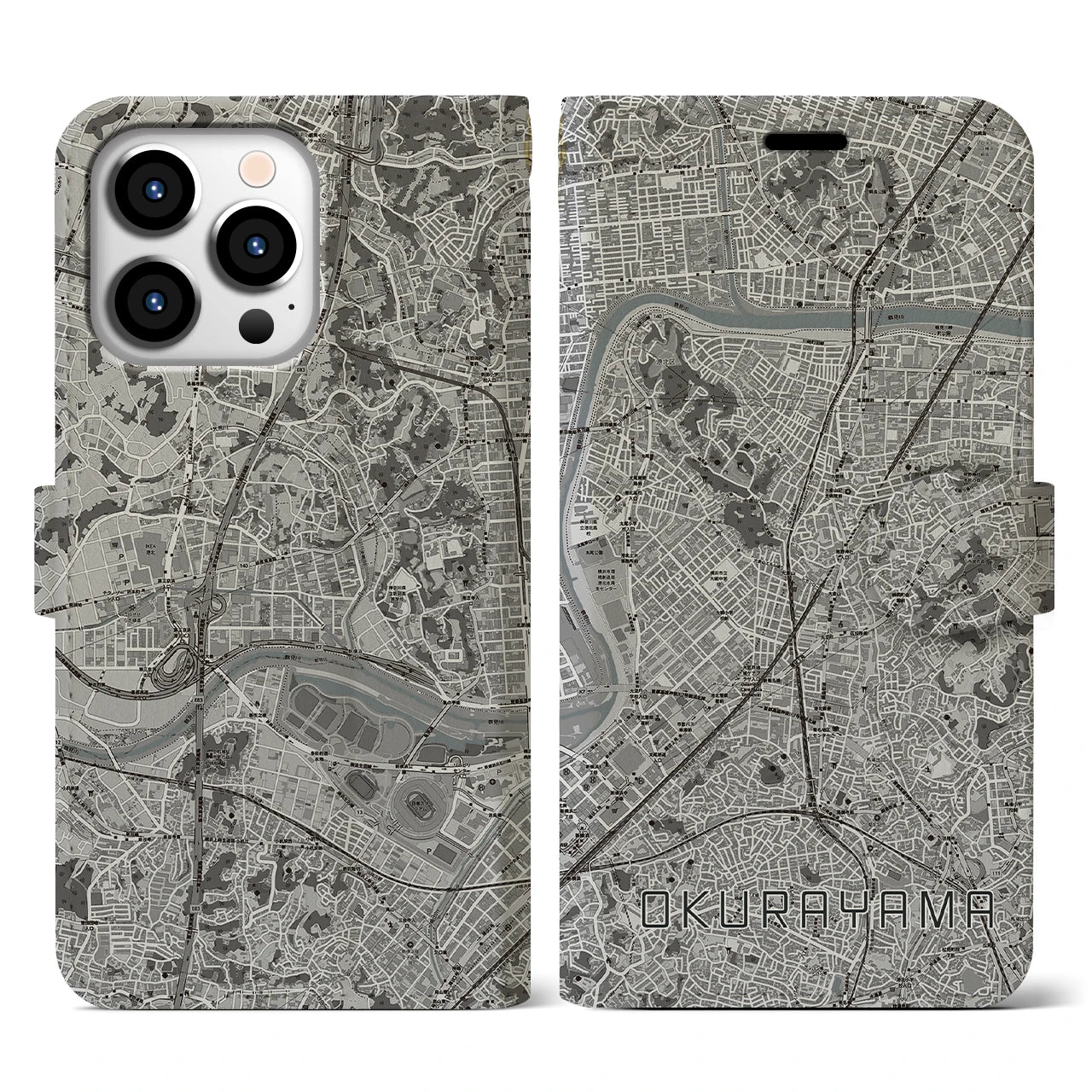 【大倉山(神奈川県)】地図柄iPhoneケース(手帳タイプ)モノトーン・iPhone 13 Pro 用