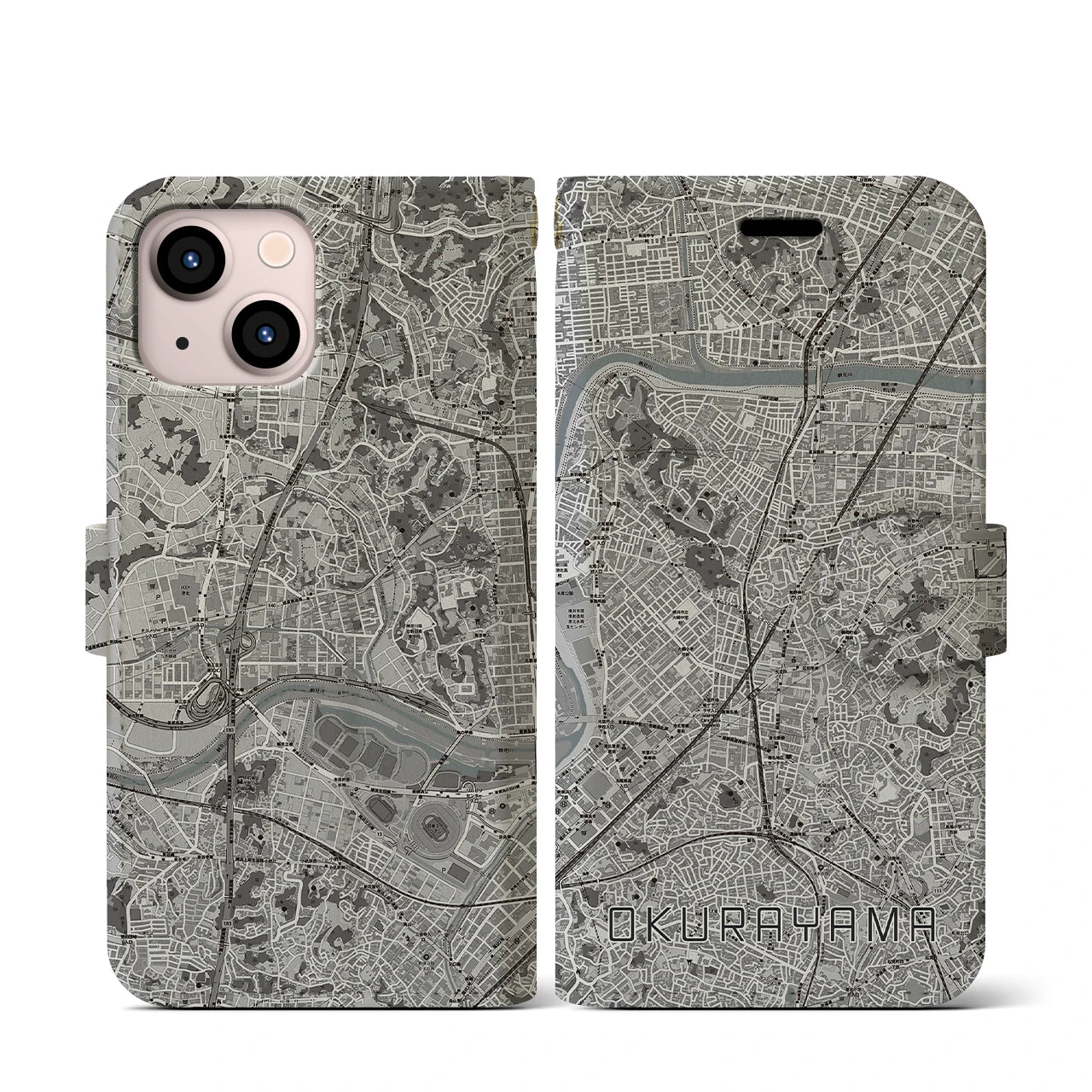 【大倉山(神奈川県)】地図柄iPhoneケース(手帳タイプ)モノトーン・iPhone 13 mini 用