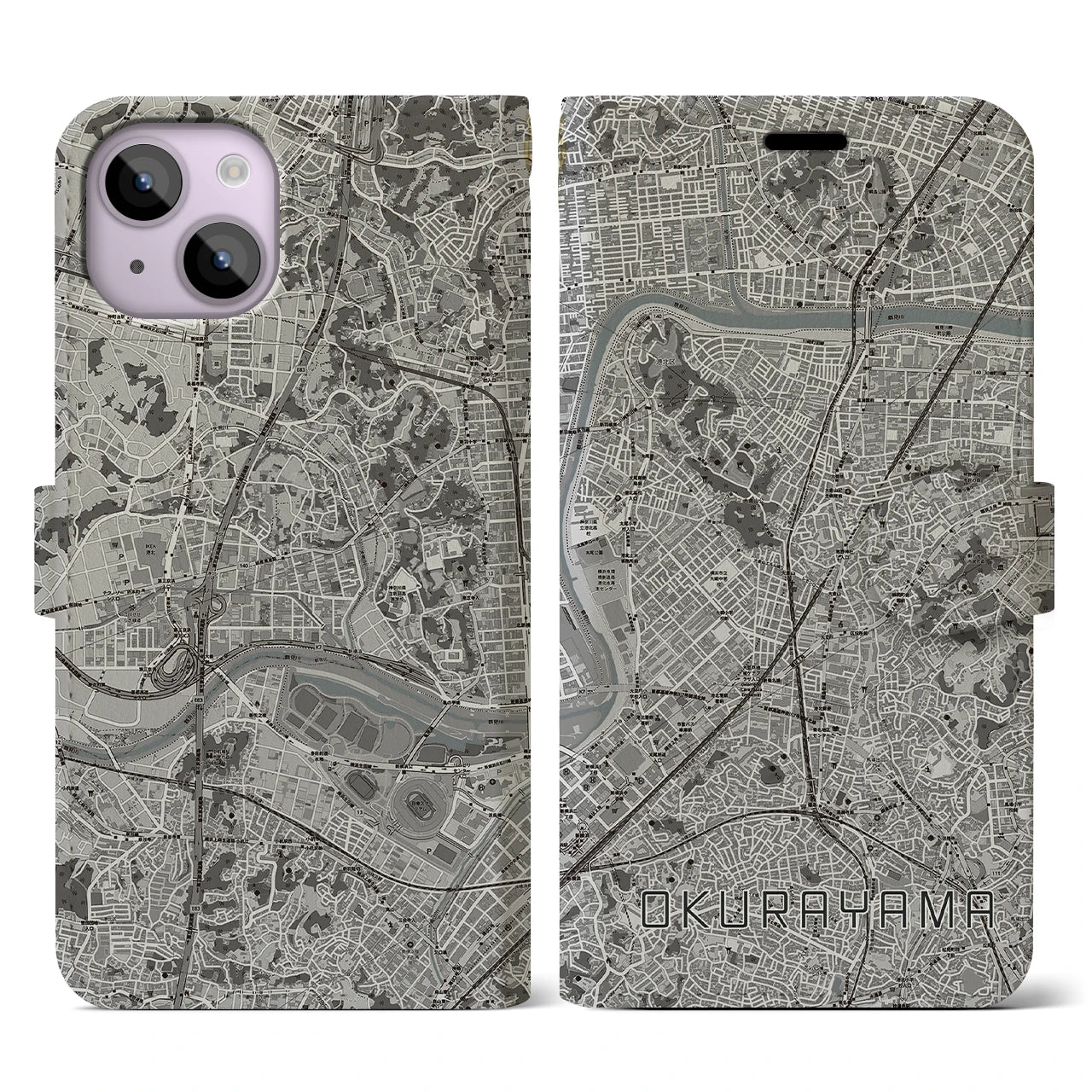 【大倉山(神奈川県)】地図柄iPhoneケース(手帳タイプ)モノトーン・iPhone 14 用