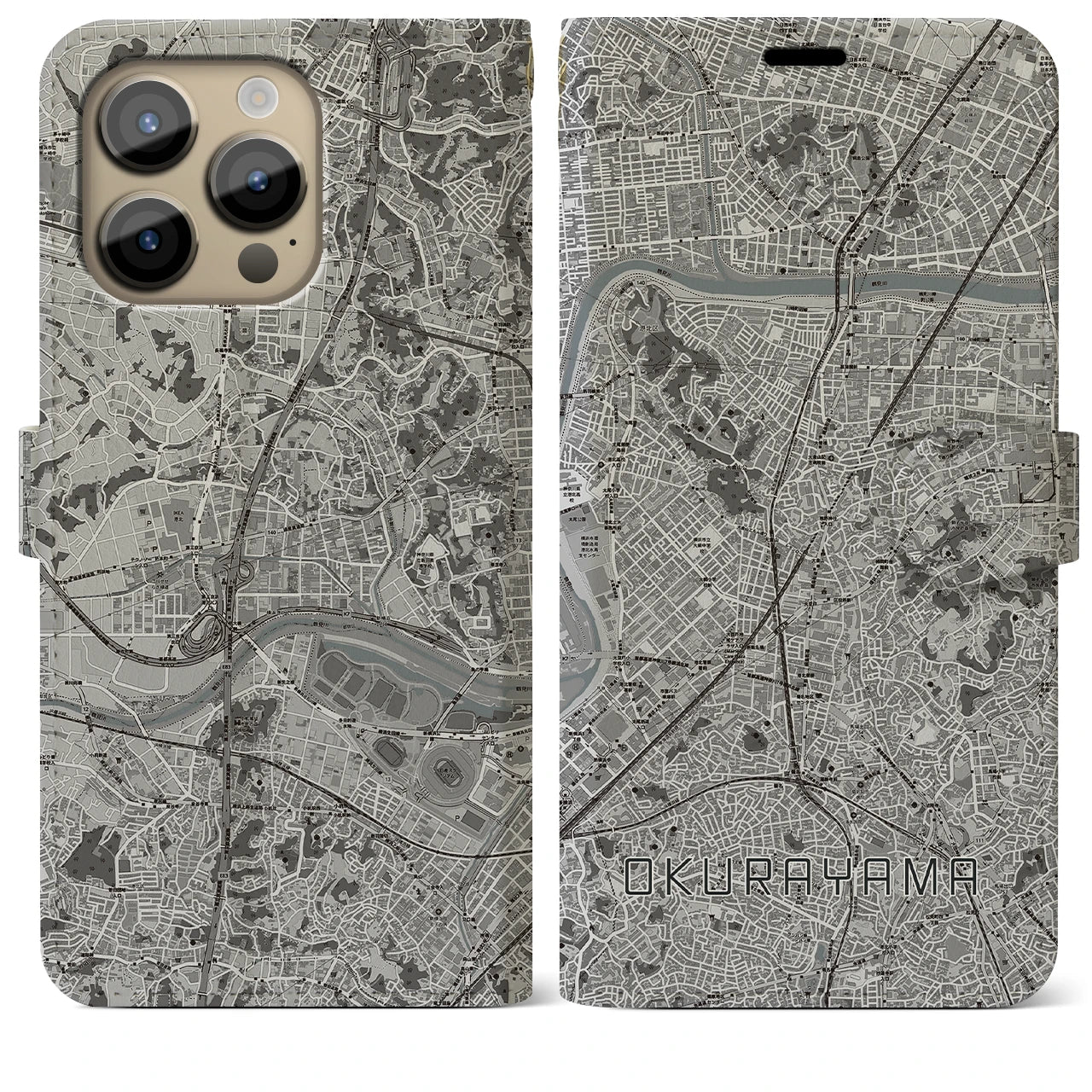 【大倉山(神奈川県)】地図柄iPhoneケース(手帳タイプ)モノトーン・iPhone 14 Pro Max 用