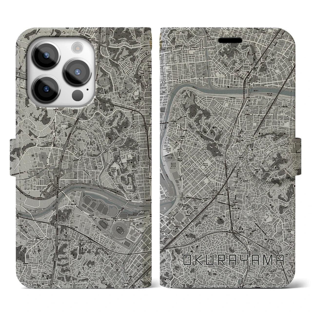 【大倉山(神奈川県)】地図柄iPhoneケース(手帳タイプ)モノトーン・iPhone 14 Pro 用