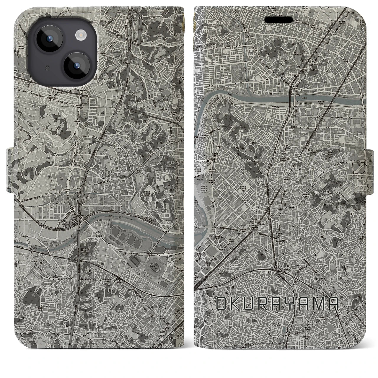 【大倉山(神奈川県)】地図柄iPhoneケース(手帳タイプ)モノトーン・iPhone 14 Plus 用
