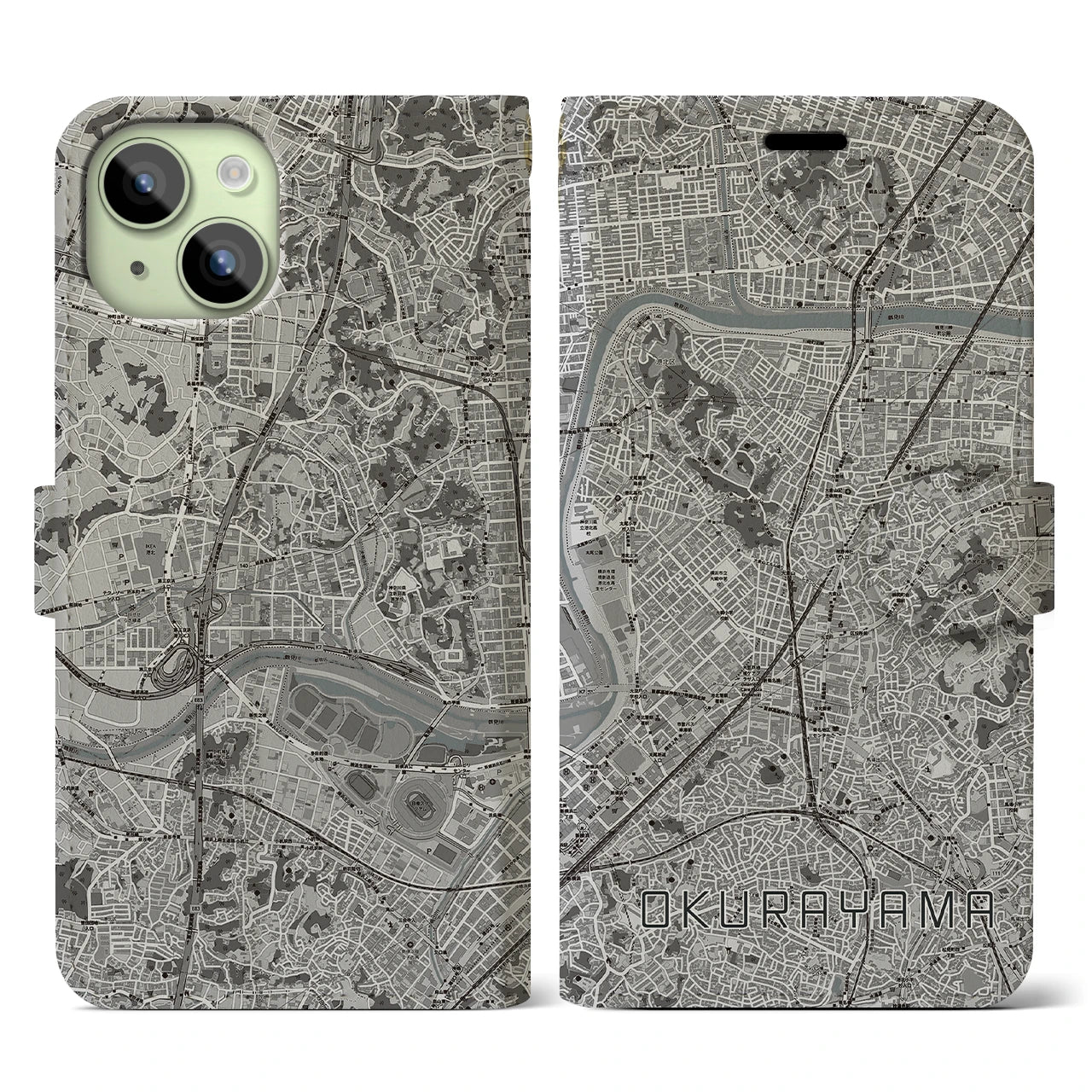【大倉山(神奈川県)】地図柄iPhoneケース(手帳タイプ)モノトーン・iPhone 15 用
