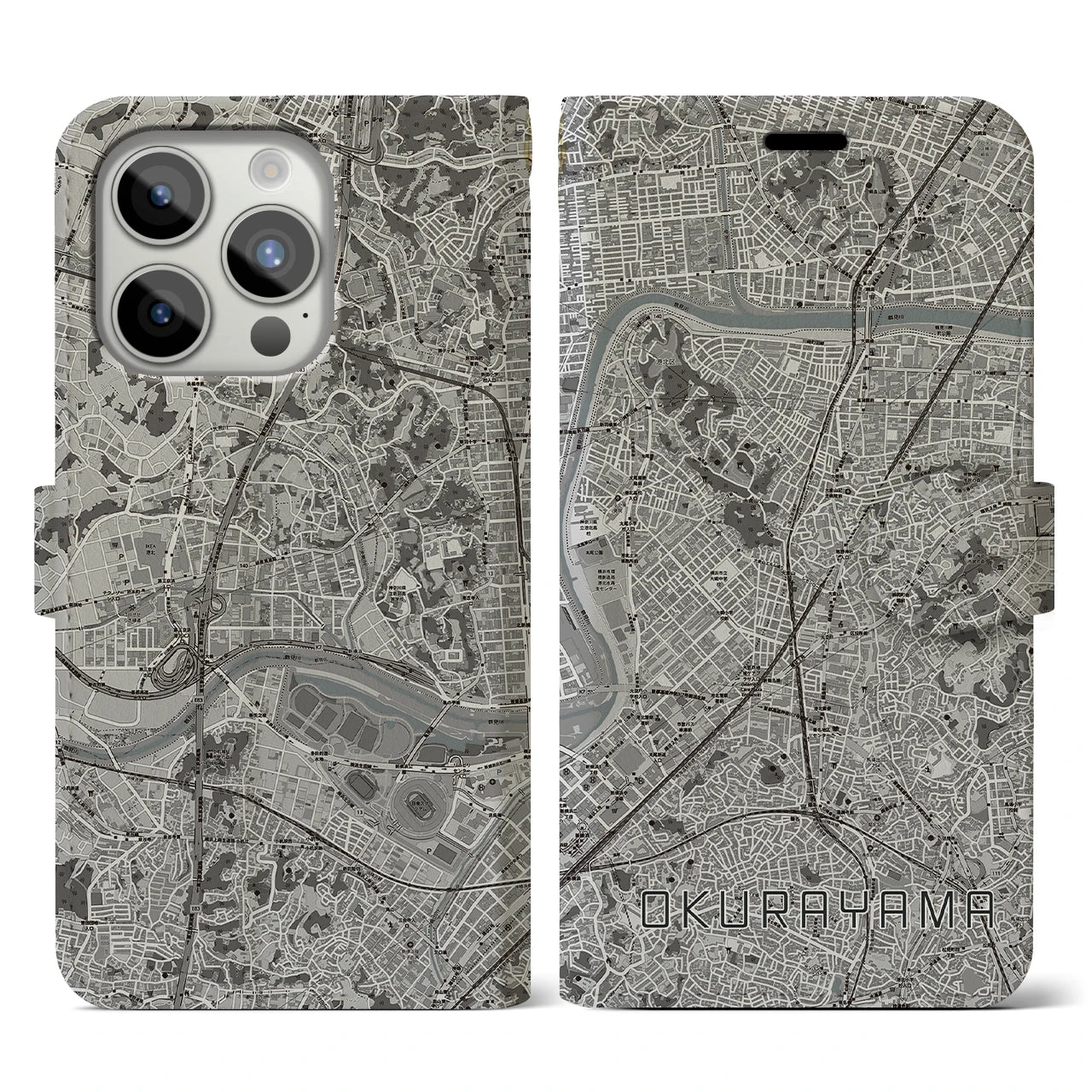 【大倉山(神奈川県)】地図柄iPhoneケース(手帳タイプ)モノトーン・iPhone 15 Pro 用