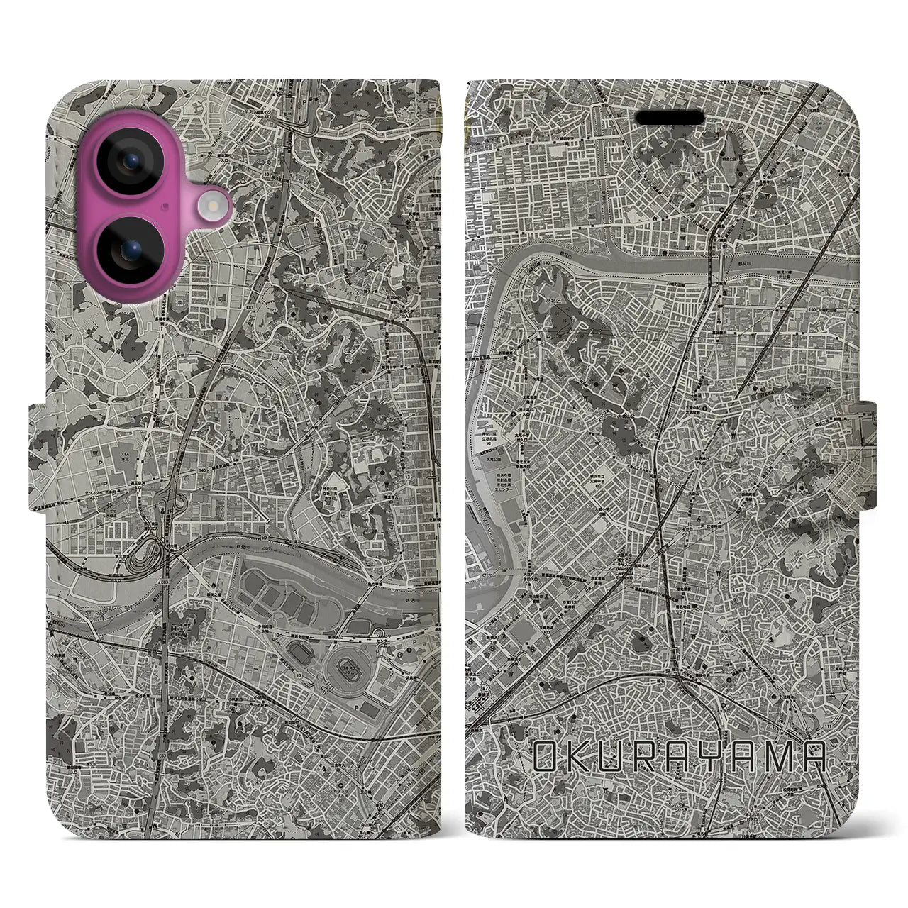 【大倉山(神奈川県)】地図柄iPhoneケース(手帳タイプ)モノトーン・iPhone 16 Pro 用