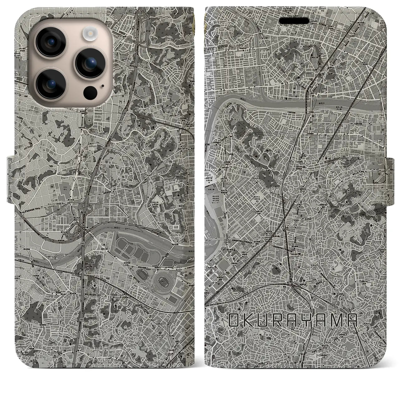 【大倉山(神奈川県)】地図柄iPhoneケース(手帳タイプ)モノトーン・iPhone 16 Plus 用