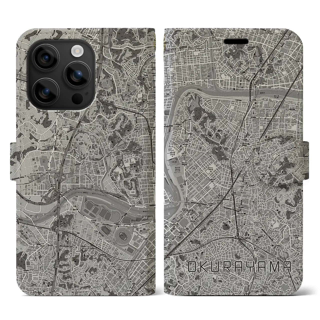 【大倉山(神奈川県)】地図柄iPhoneケース(手帳タイプ)モノトーン・iPhone 16 用