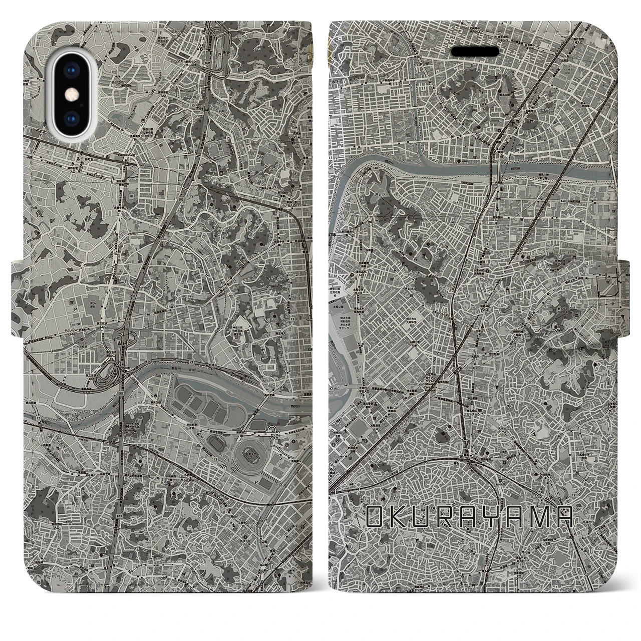 【大倉山(神奈川県)】地図柄iPhoneケース(手帳タイプ)モノトーン・iPhone XS Max 用