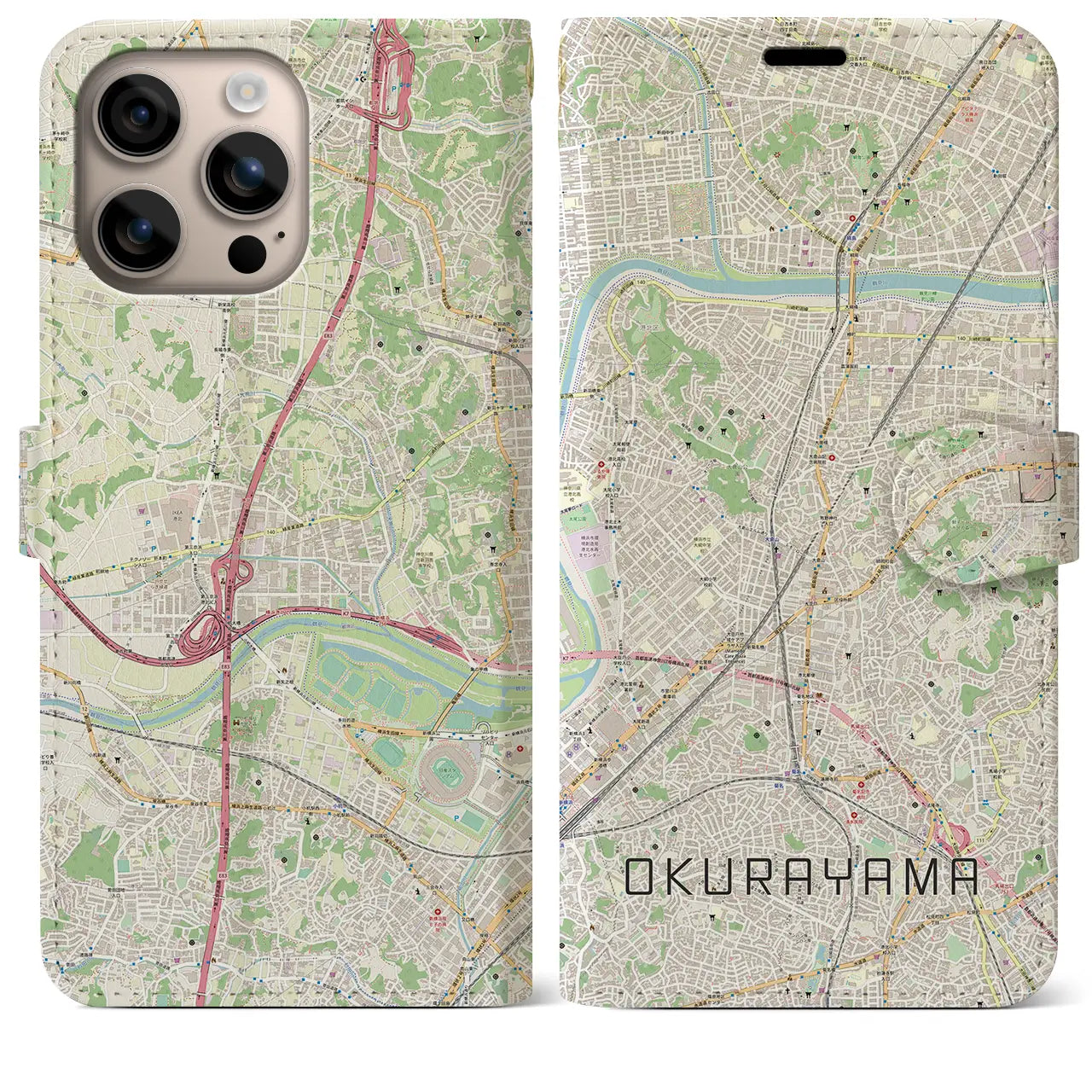 【大倉山(神奈川県)】地図柄iPhoneケース(手帳タイプ)ナチュラル・iPhone 16 Plus 用