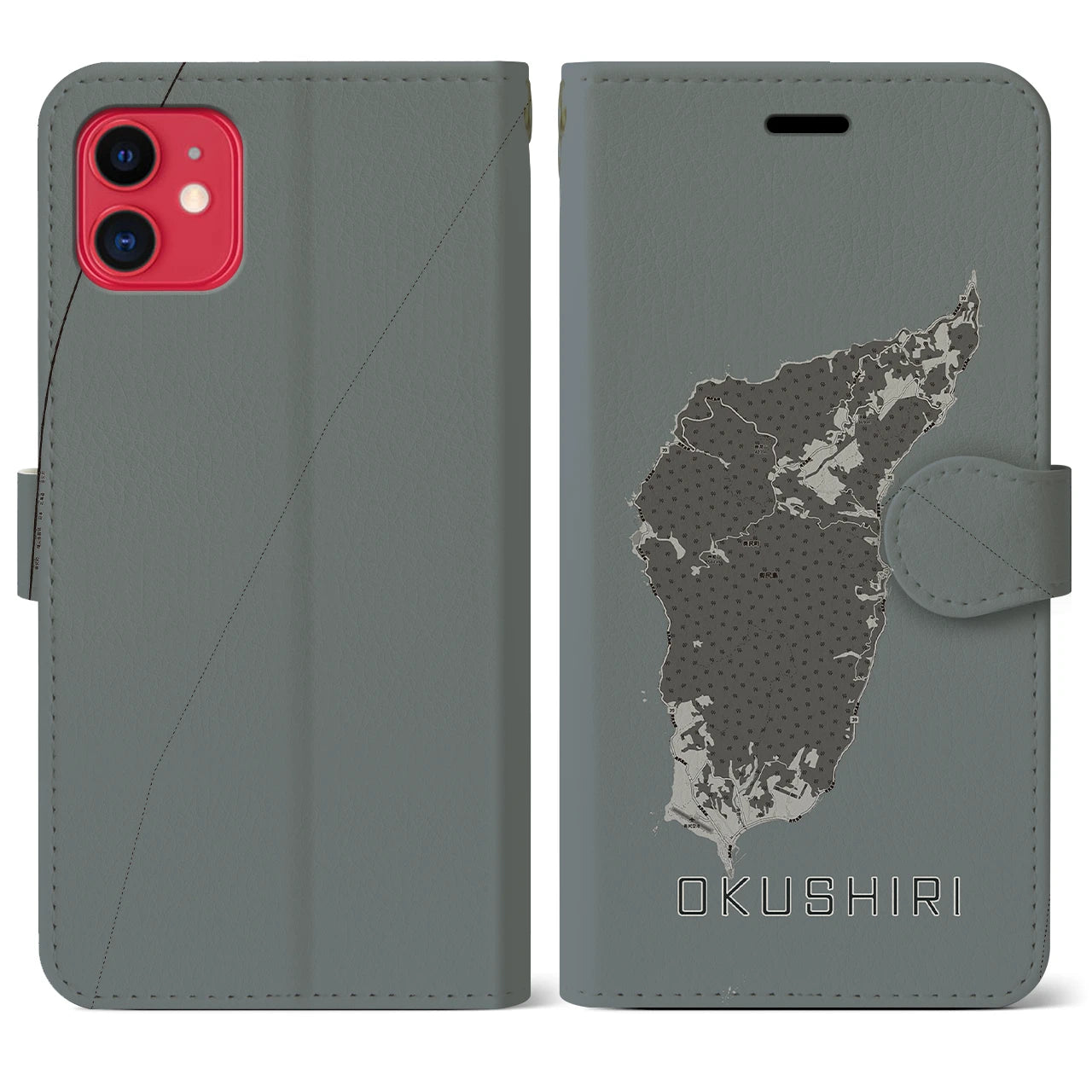 【奥尻(北海道)】地図柄iPhoneケース(手帳タイプ)モノトーン・iPhone 11 用