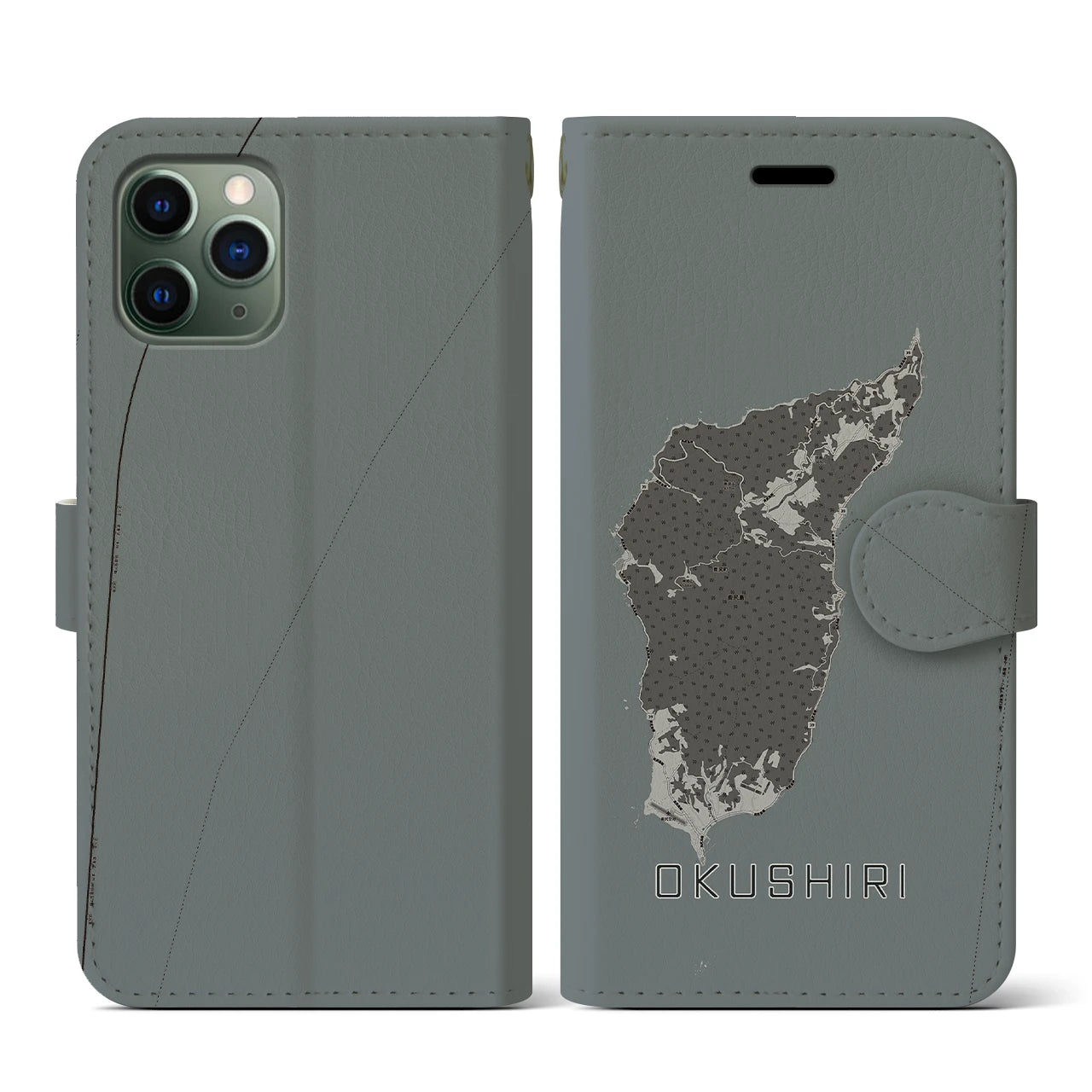 【奥尻(北海道)】地図柄iPhoneケース(手帳タイプ)モノトーン・iPhone 11 Pro 用