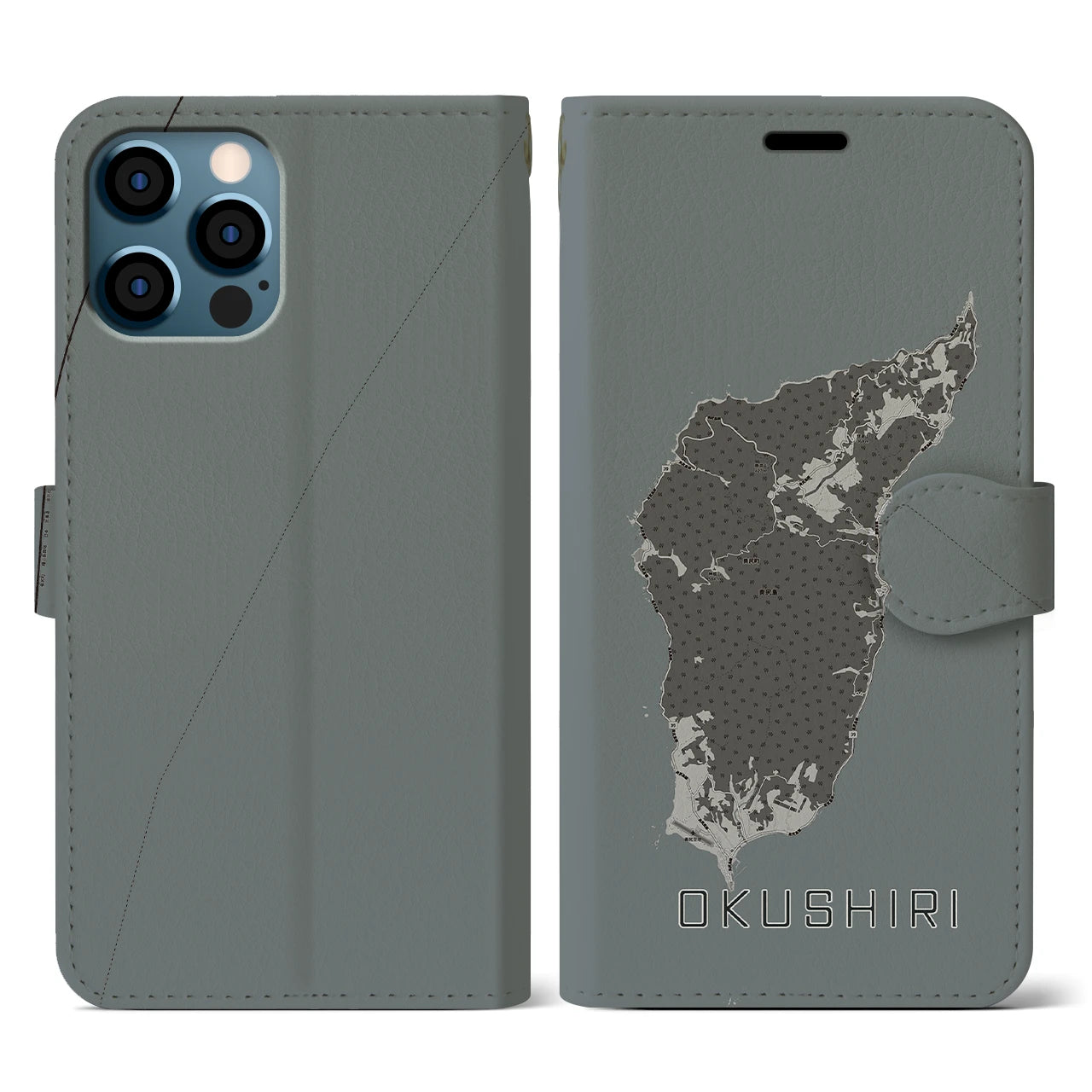 【奥尻(北海道)】地図柄iPhoneケース(手帳タイプ)モノトーン・iPhone 12 / 12 Pro 用