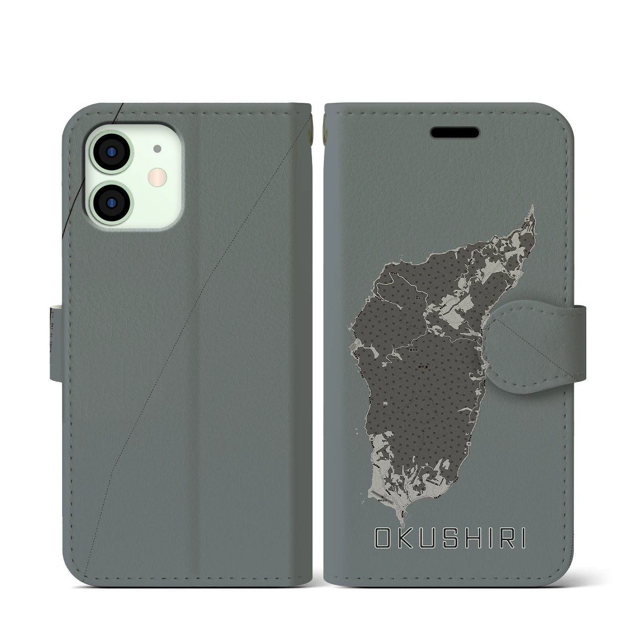 【奥尻(北海道)】地図柄iPhoneケース(手帳タイプ)モノトーン・iPhone 12 mini 用