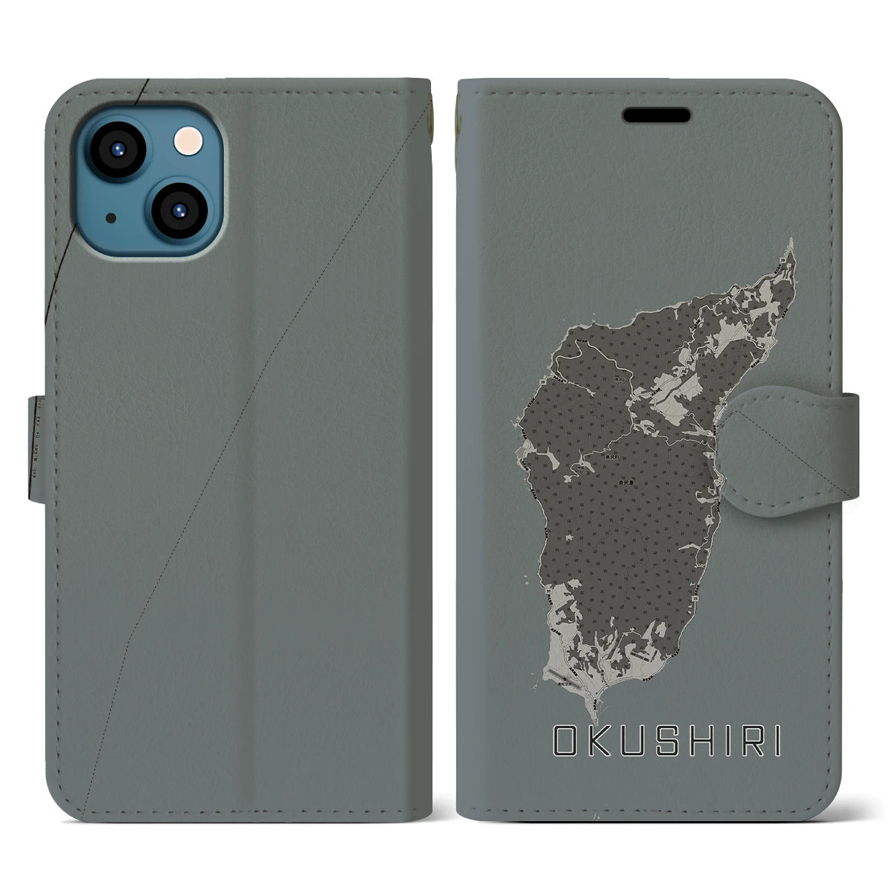 【奥尻(北海道)】地図柄iPhoneケース(手帳タイプ)モノトーン・iPhone 13 用