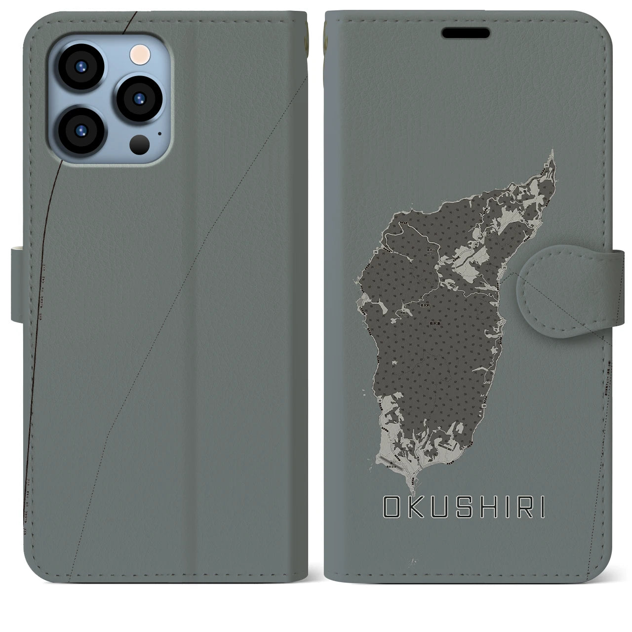 【奥尻(北海道)】地図柄iPhoneケース(手帳タイプ)モノトーン・iPhone 13 Pro Max 用