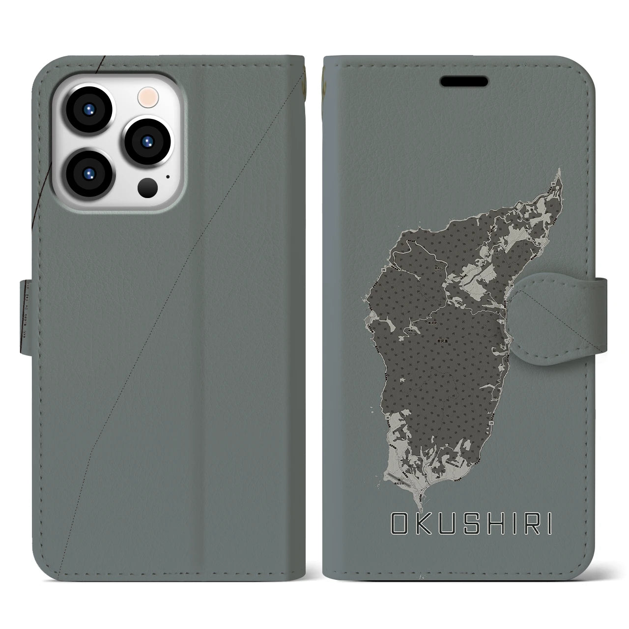 【奥尻(北海道)】地図柄iPhoneケース(手帳タイプ)モノトーン・iPhone 13 Pro 用