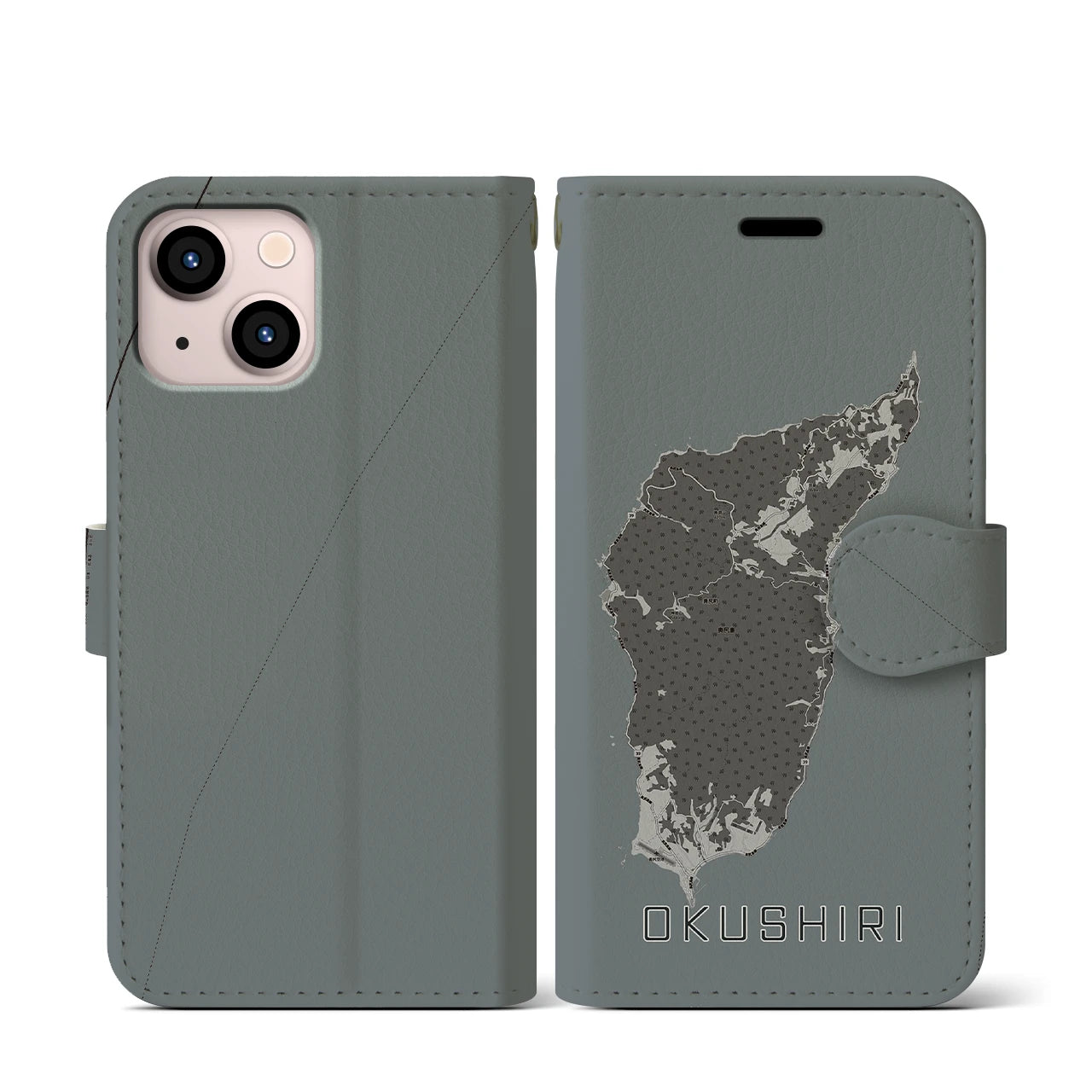 【奥尻(北海道)】地図柄iPhoneケース(手帳タイプ)モノトーン・iPhone 13 mini 用