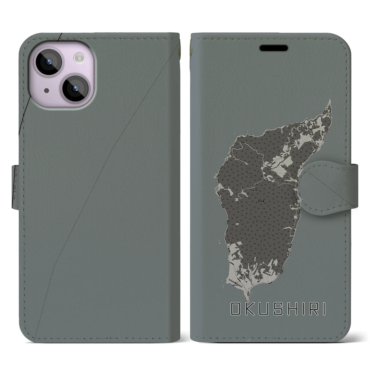 【奥尻(北海道)】地図柄iPhoneケース(手帳タイプ)モノトーン・iPhone 14 用