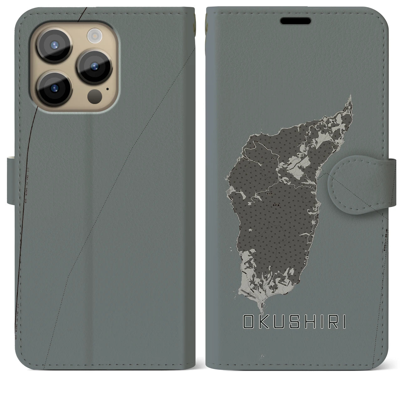 【奥尻(北海道)】地図柄iPhoneケース(手帳タイプ)モノトーン・iPhone 14 Pro Max 用