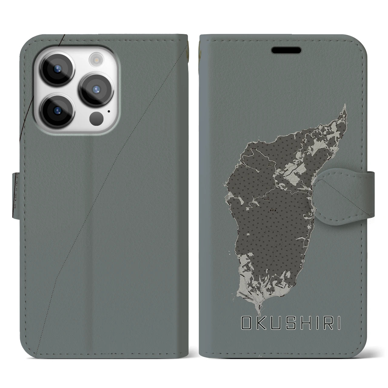 【奥尻(北海道)】地図柄iPhoneケース(手帳タイプ)モノトーン・iPhone 14 Pro 用