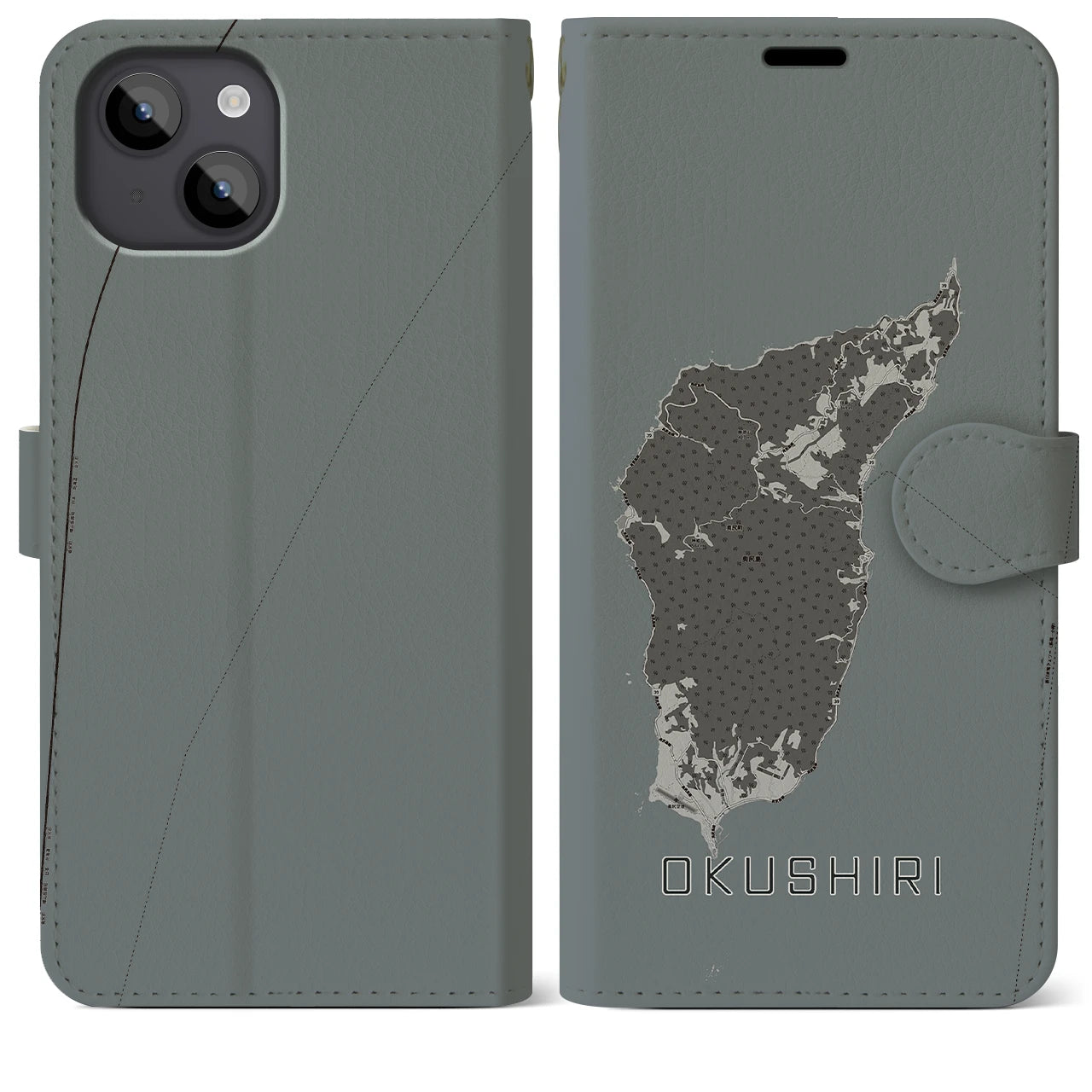 【奥尻(北海道)】地図柄iPhoneケース(手帳タイプ)モノトーン・iPhone 14 Plus 用