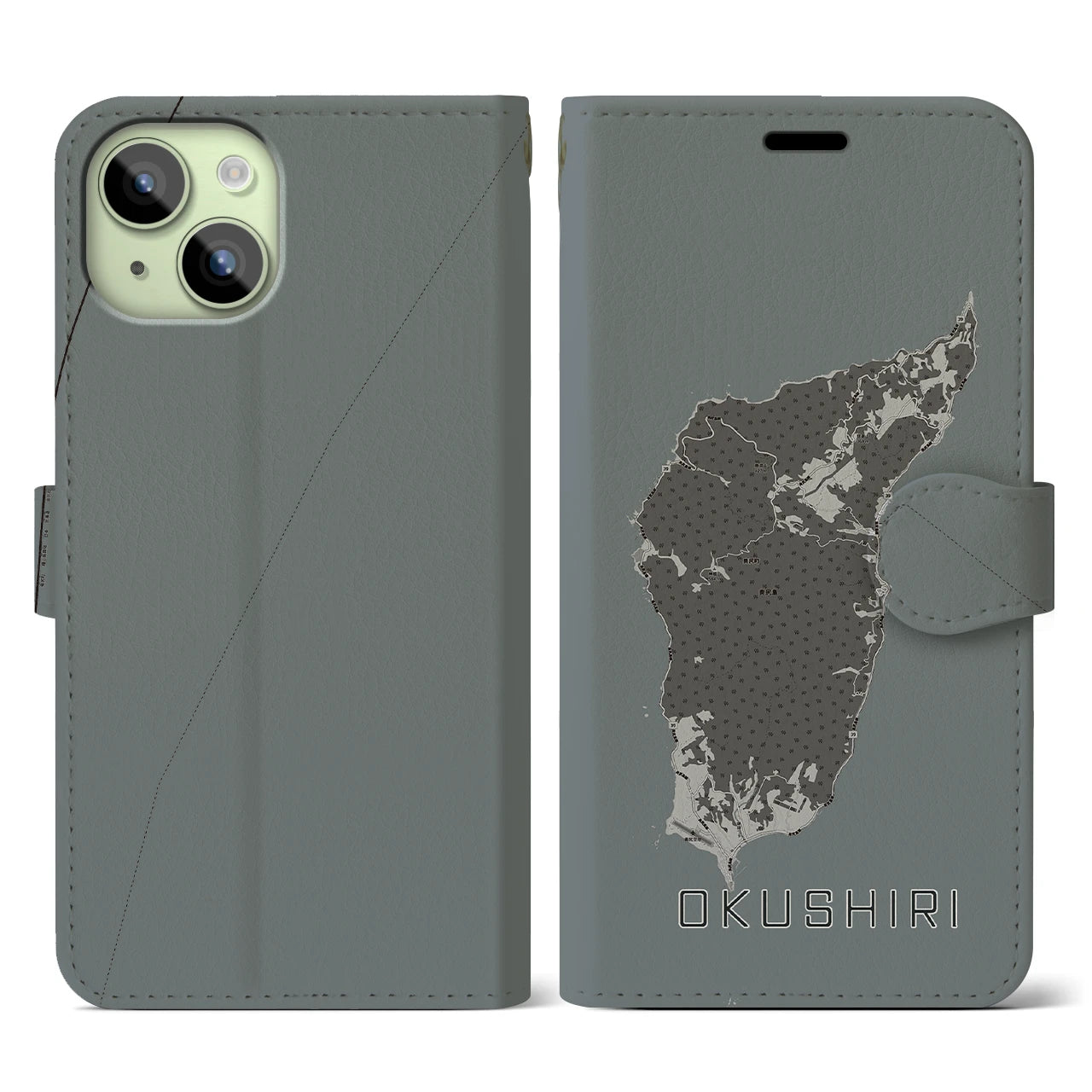 【奥尻(北海道)】地図柄iPhoneケース(手帳タイプ)モノトーン・iPhone 15 用