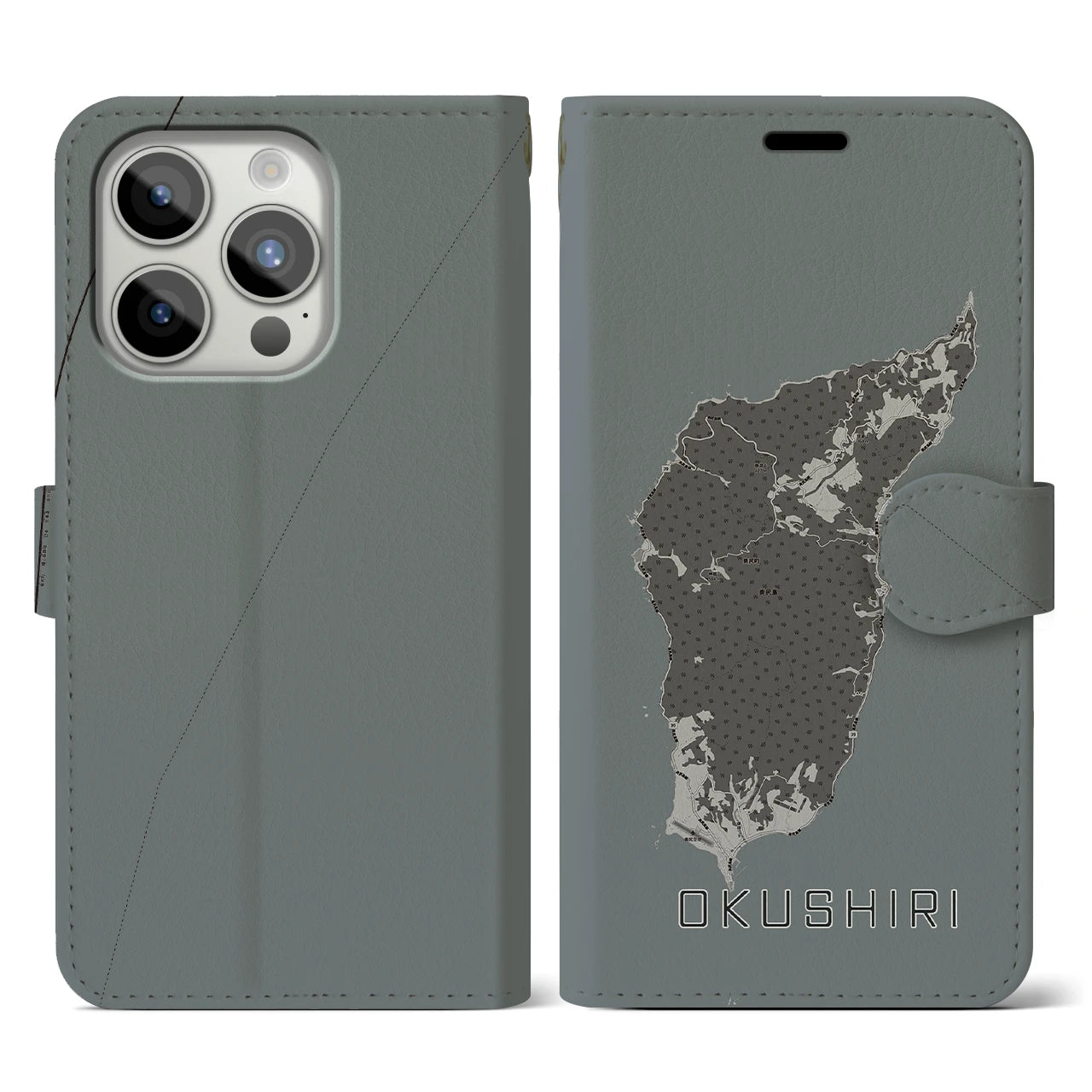 【奥尻(北海道)】地図柄iPhoneケース(手帳タイプ)モノトーン・iPhone 15 Pro 用