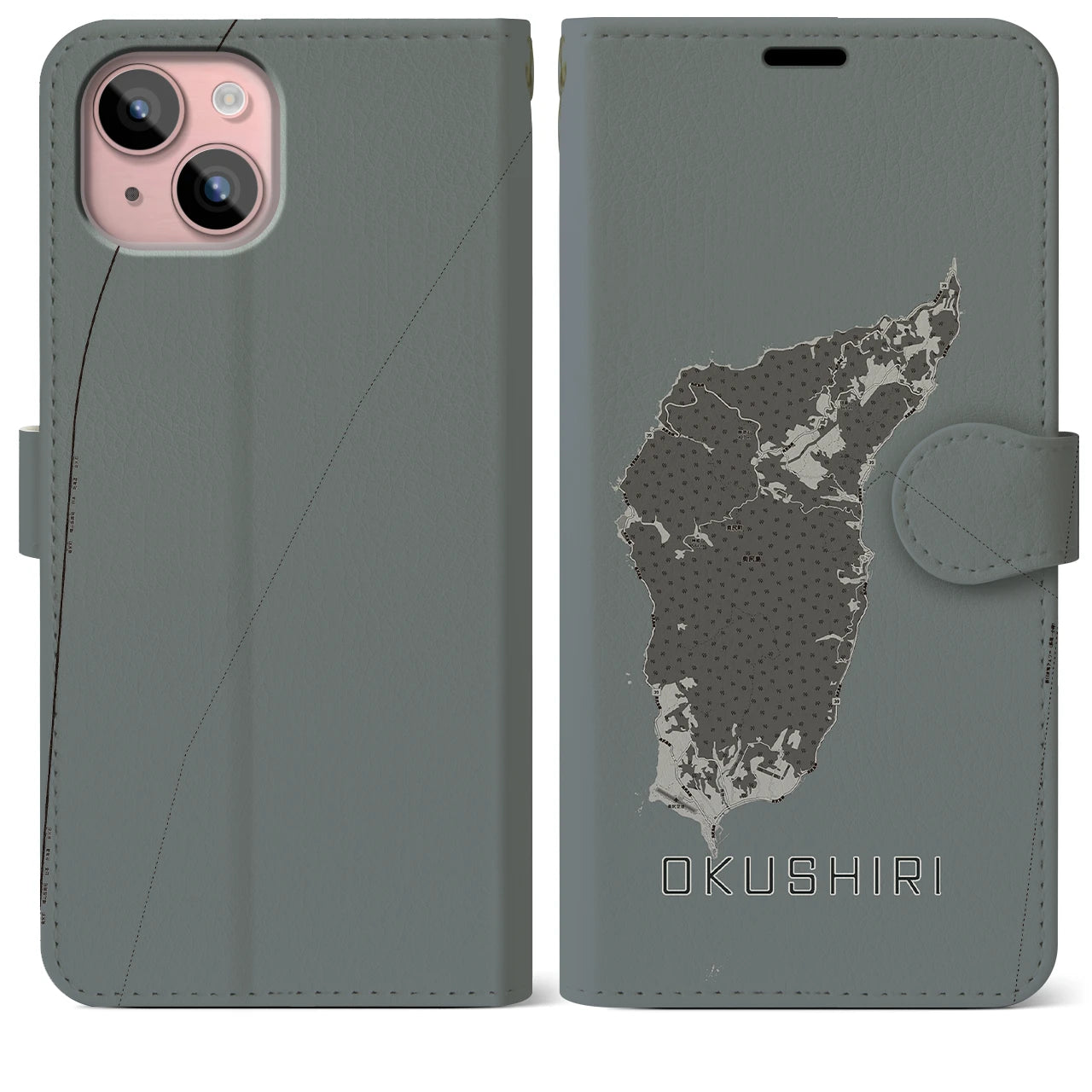 【奥尻(北海道)】地図柄iPhoneケース(手帳タイプ)モノトーン・iPhone 15 Plus 用
