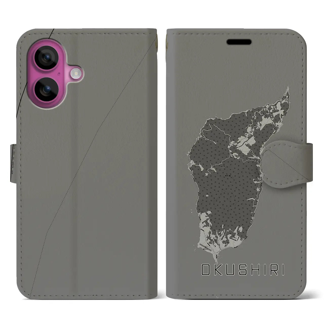 【奥尻(北海道)】地図柄iPhoneケース(手帳タイプ)モノトーン・iPhone 16 Pro 用