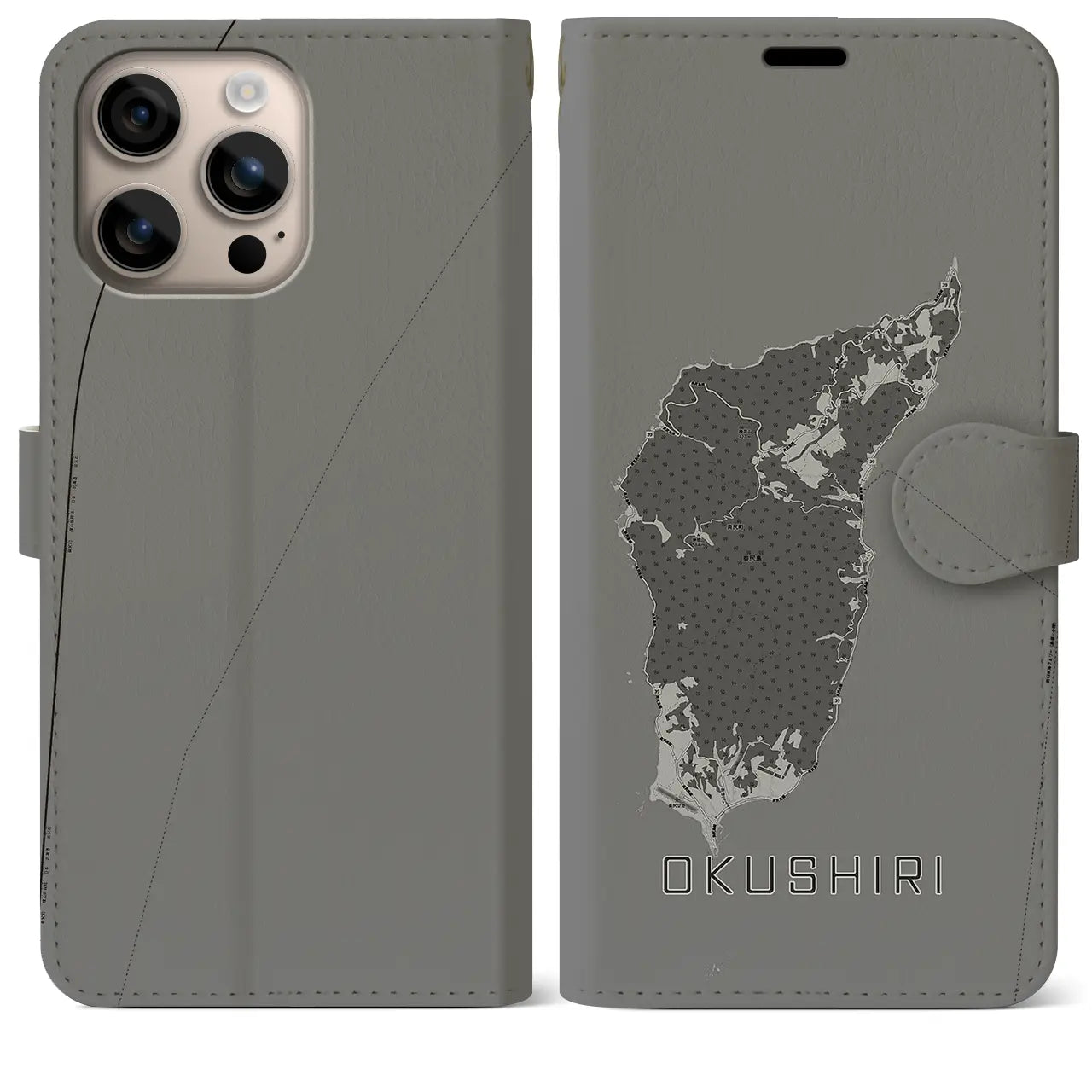 【奥尻(北海道)】地図柄iPhoneケース(手帳タイプ)モノトーン・iPhone 16 Plus 用