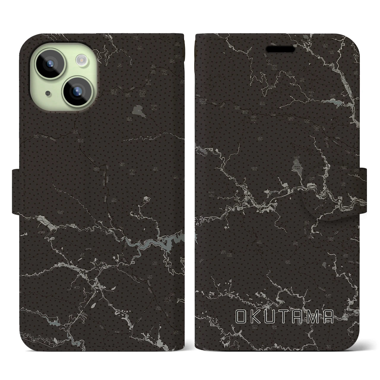 【奥多摩(東京都)】地図柄iPhoneケース(手帳タイプ)モノトーン・iPhone 15 用
