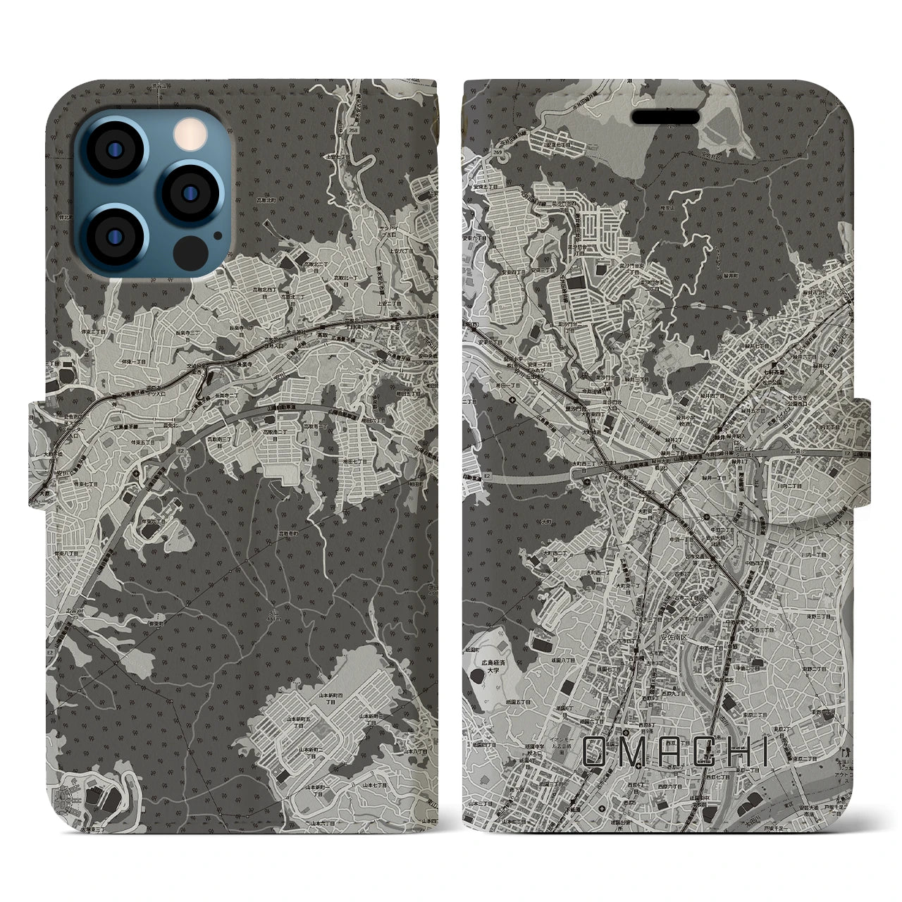 【大町(広島県)】地図柄iPhoneケース(手帳タイプ)