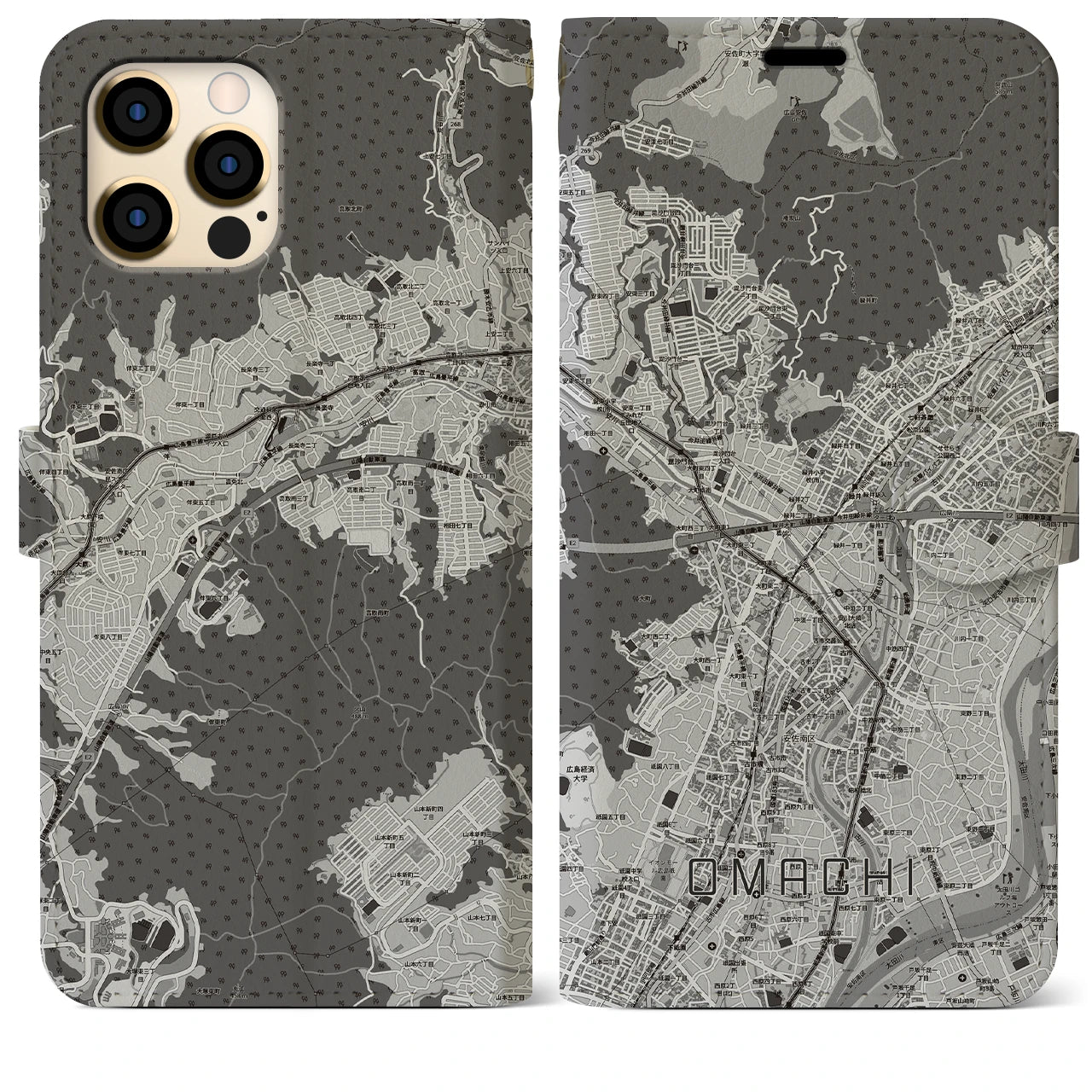 【大町(広島県)】地図柄iPhoneケース(手帳タイプ)