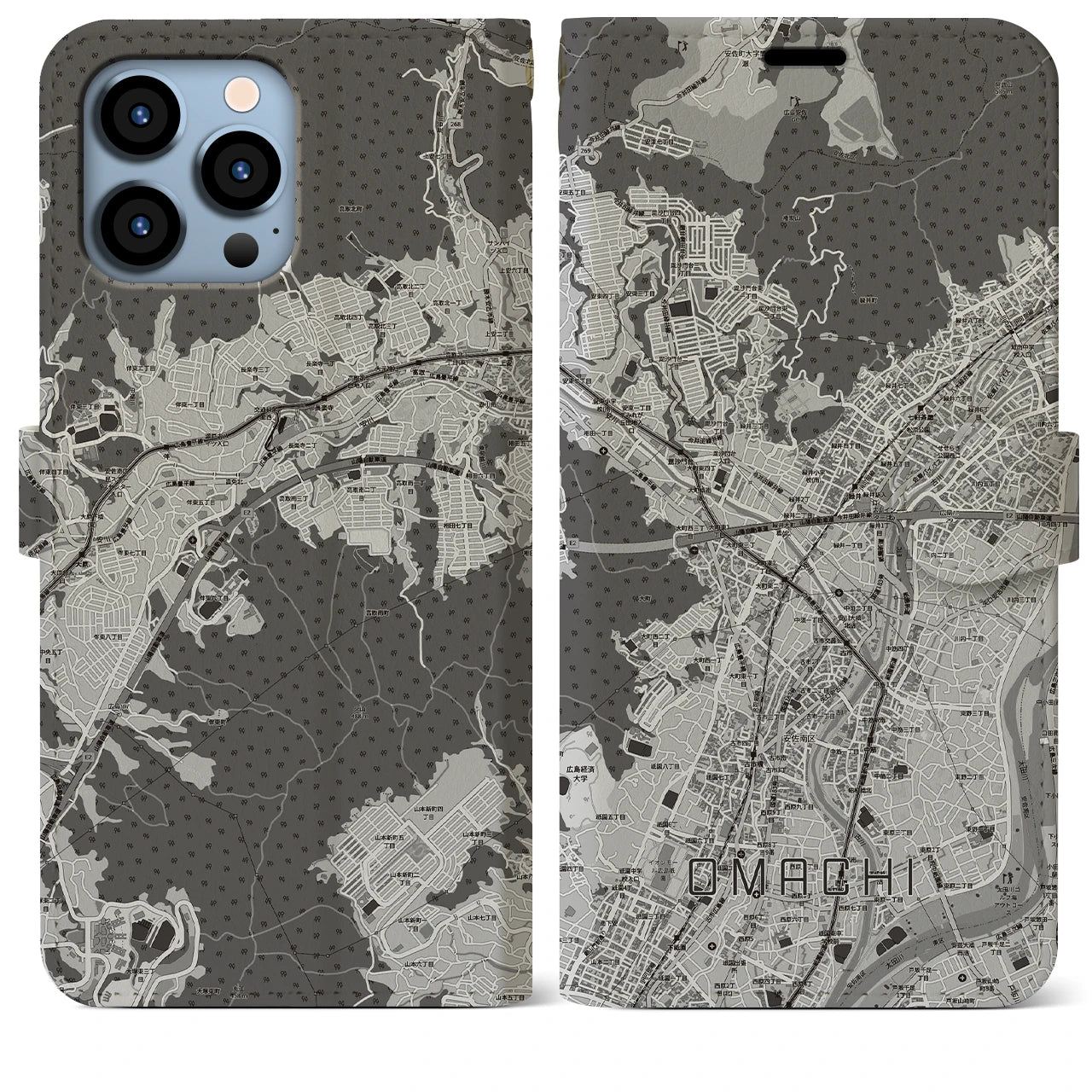 【大町(広島県)】地図柄iPhoneケース(手帳タイプ)