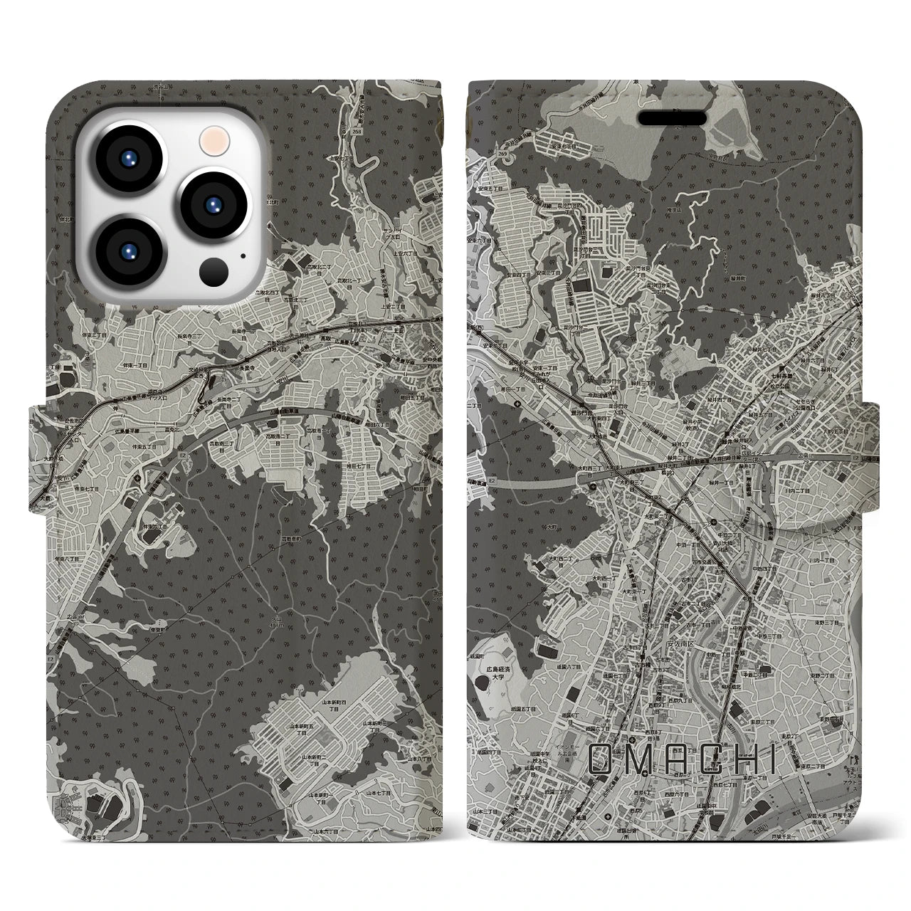 【大町(広島県)】地図柄iPhoneケース(手帳タイプ)