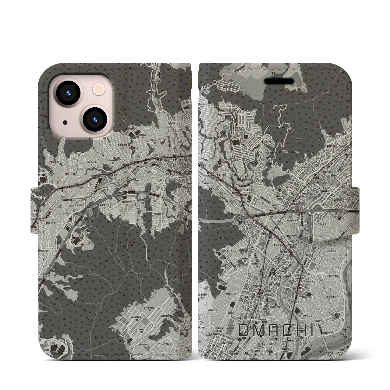 【大町(広島県)】地図柄iPhoneケース(手帳タイプ)