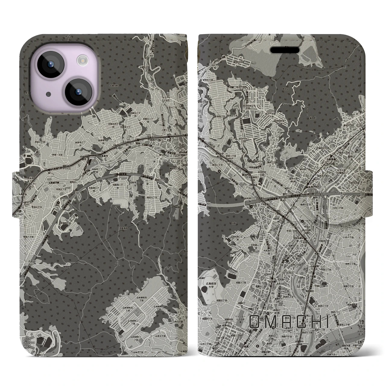 【大町(広島県)】地図柄iPhoneケース(手帳タイプ)