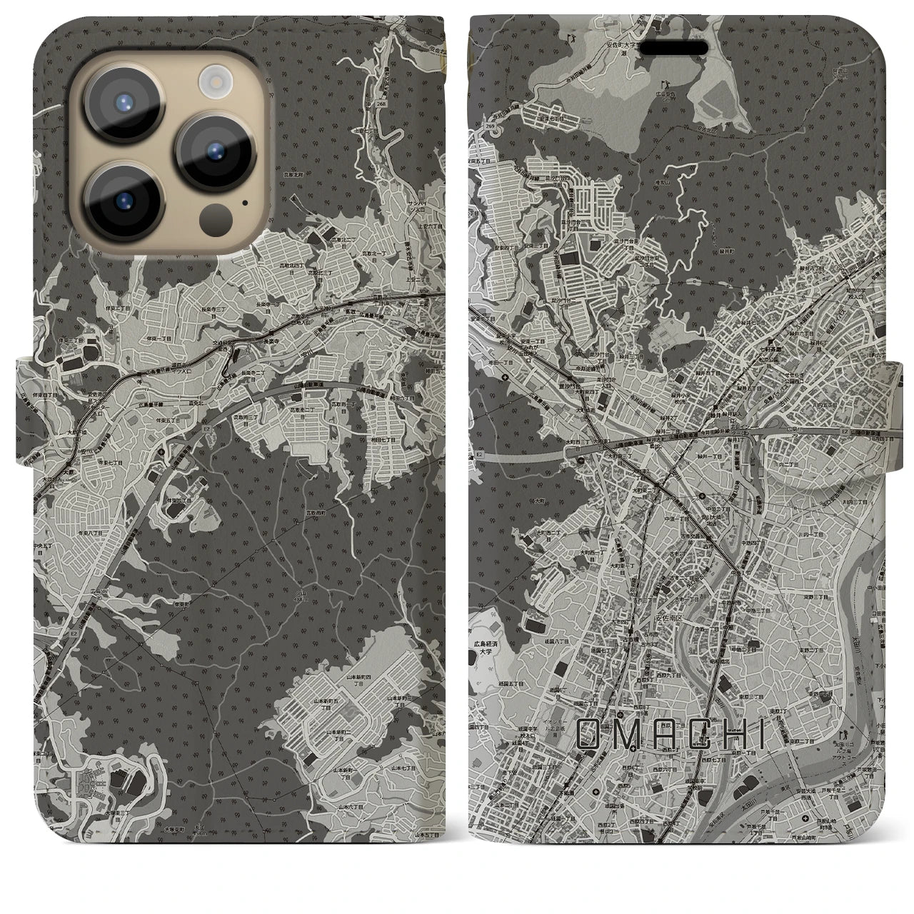 【大町(広島県)】地図柄iPhoneケース(手帳タイプ)