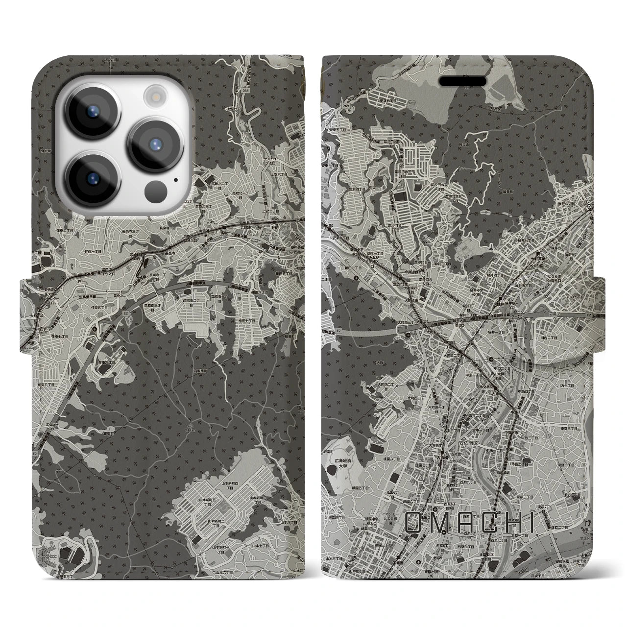 【大町(広島県)】地図柄iPhoneケース(手帳タイプ)