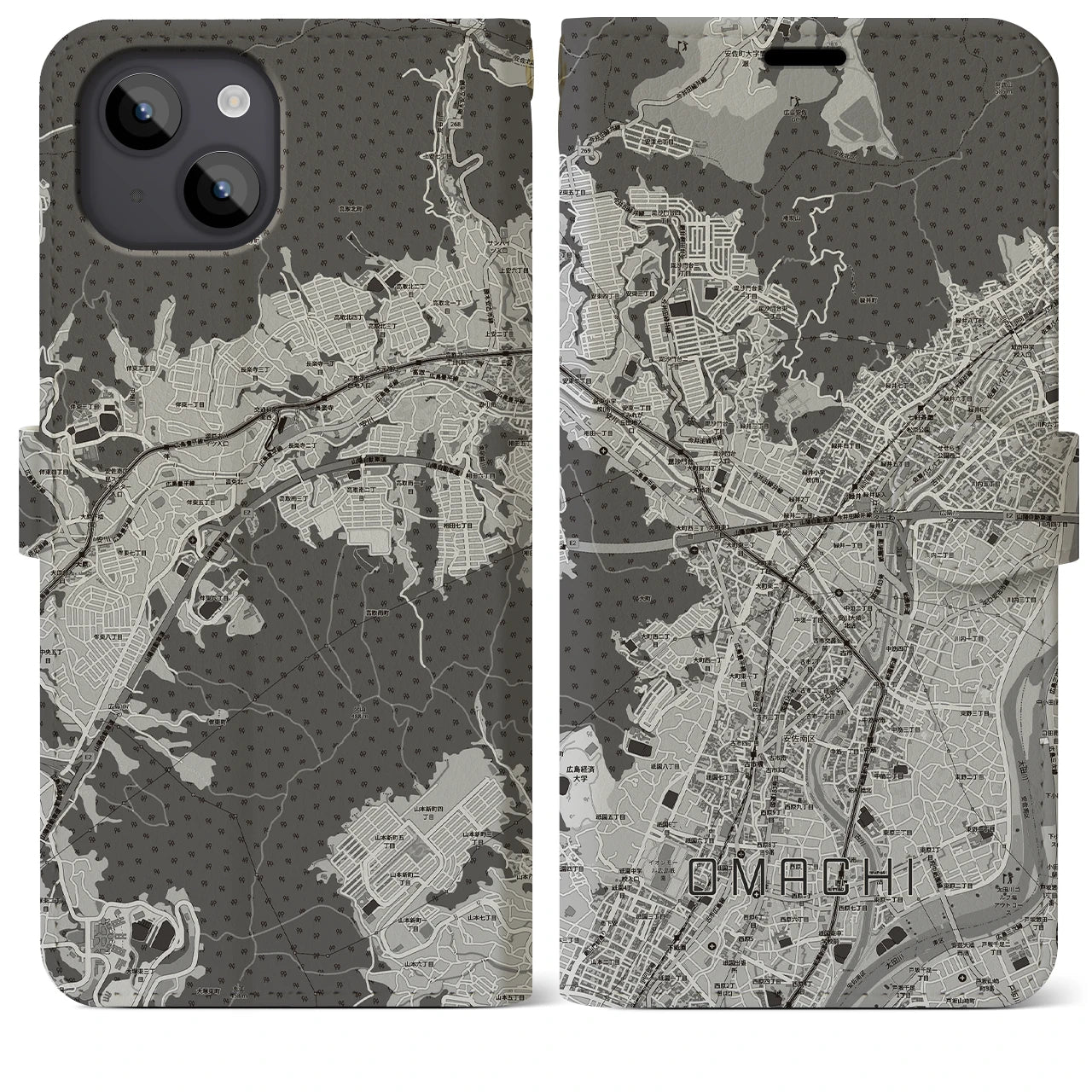 【大町(広島県)】地図柄iPhoneケース(手帳タイプ)