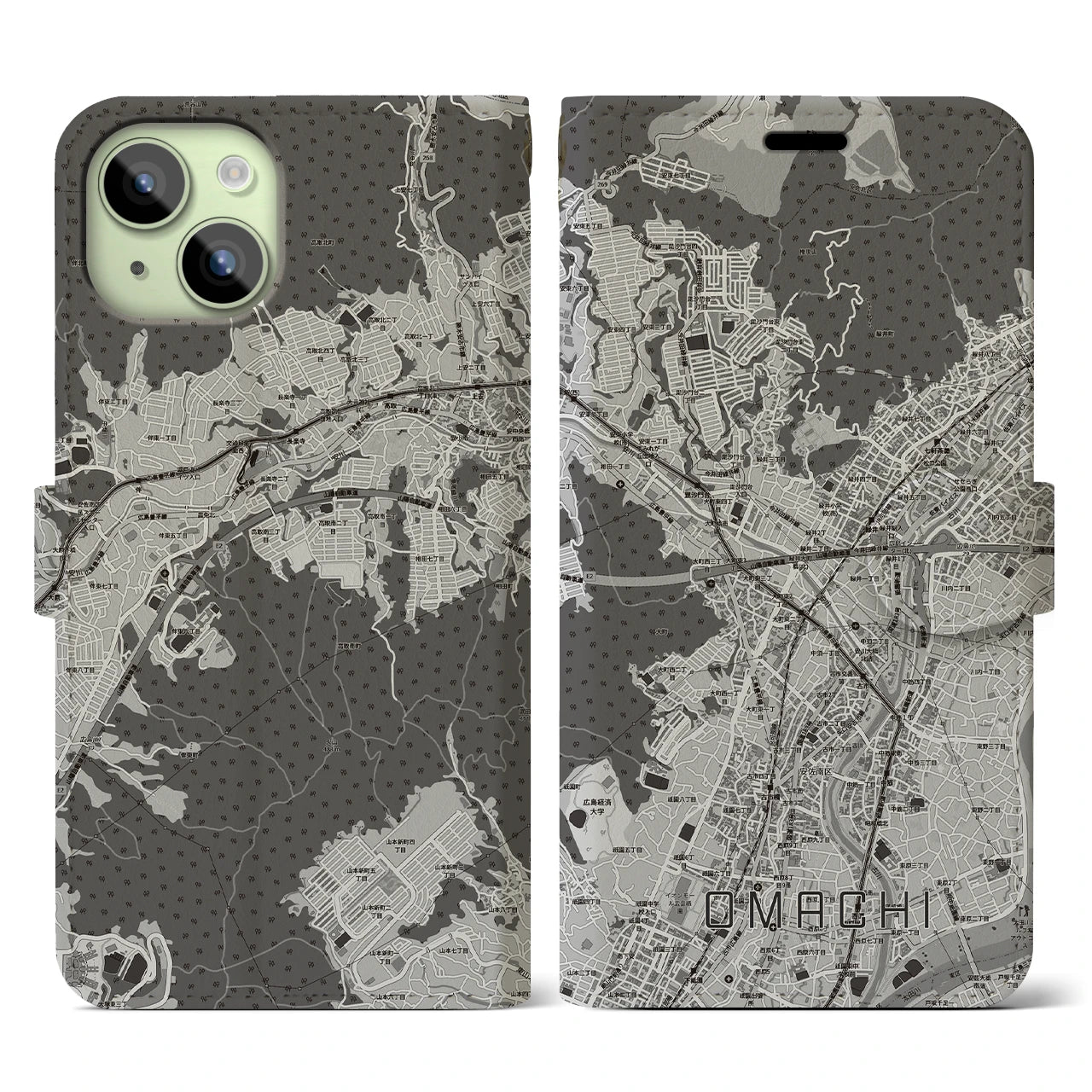 【大町(広島県)】地図柄iPhoneケース(手帳タイプ)