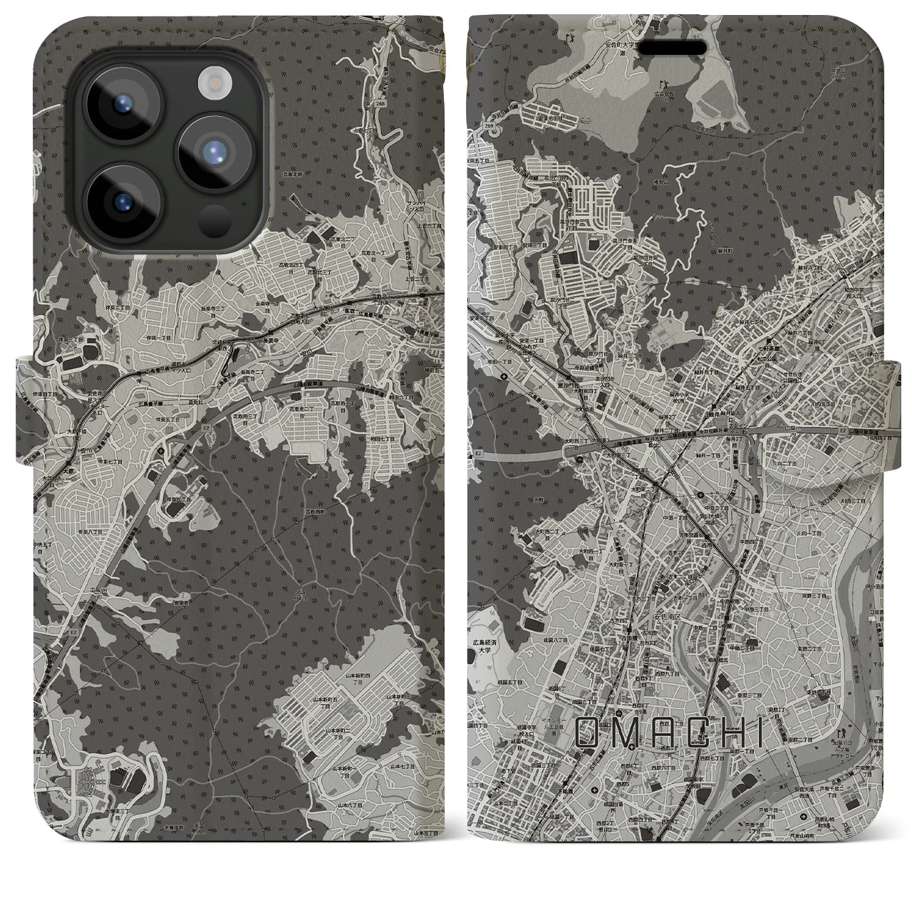 【大町(広島県)】地図柄iPhoneケース(手帳タイプ)