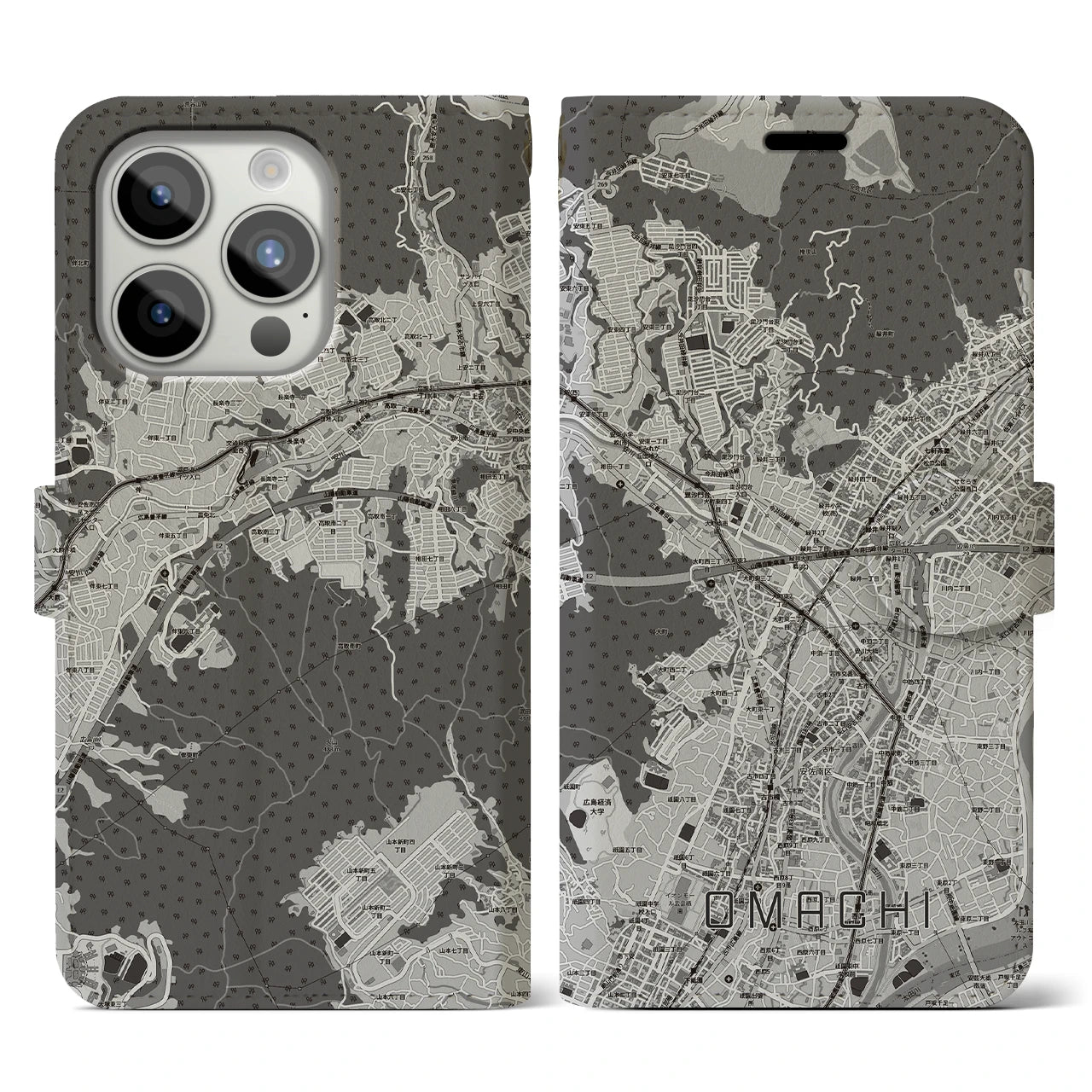 【大町(広島県)】地図柄iPhoneケース(手帳タイプ)