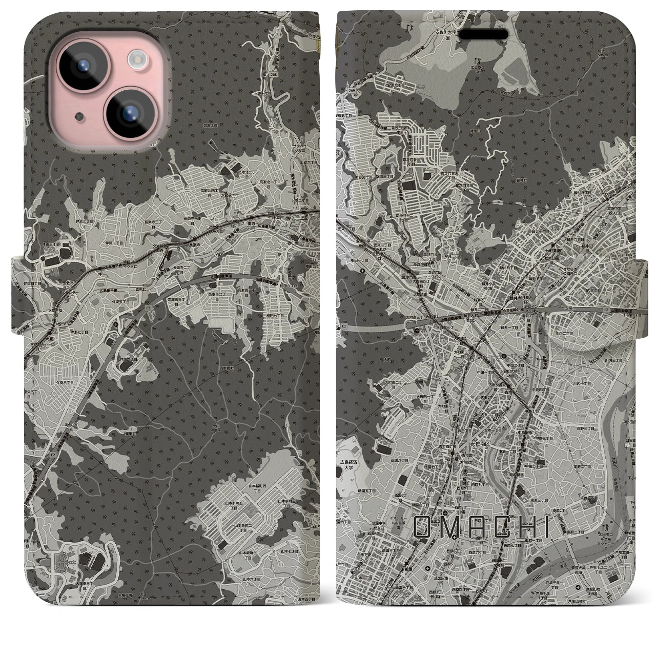 【大町(広島県)】地図柄iPhoneケース(手帳タイプ)